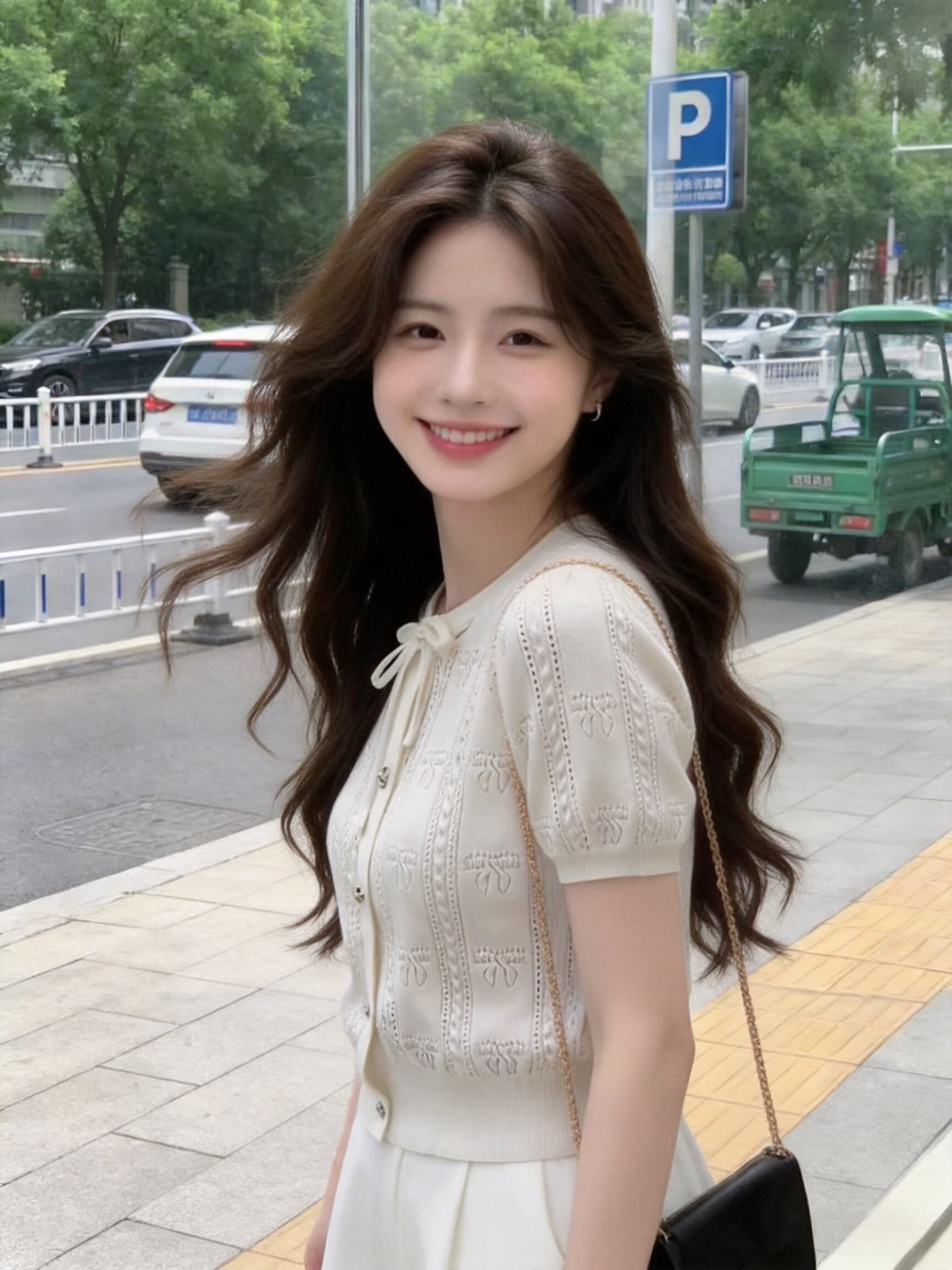 나비 매듭 반팔 니트 스웨터 맨위 여성 이미지 3