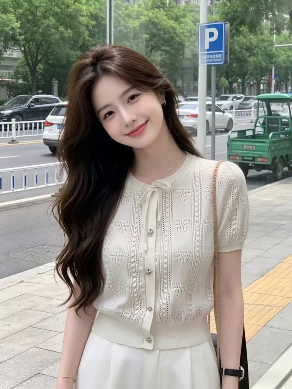 나비 매듭 반팔 니트 스웨터 맨위 여성 상세 이미지 2