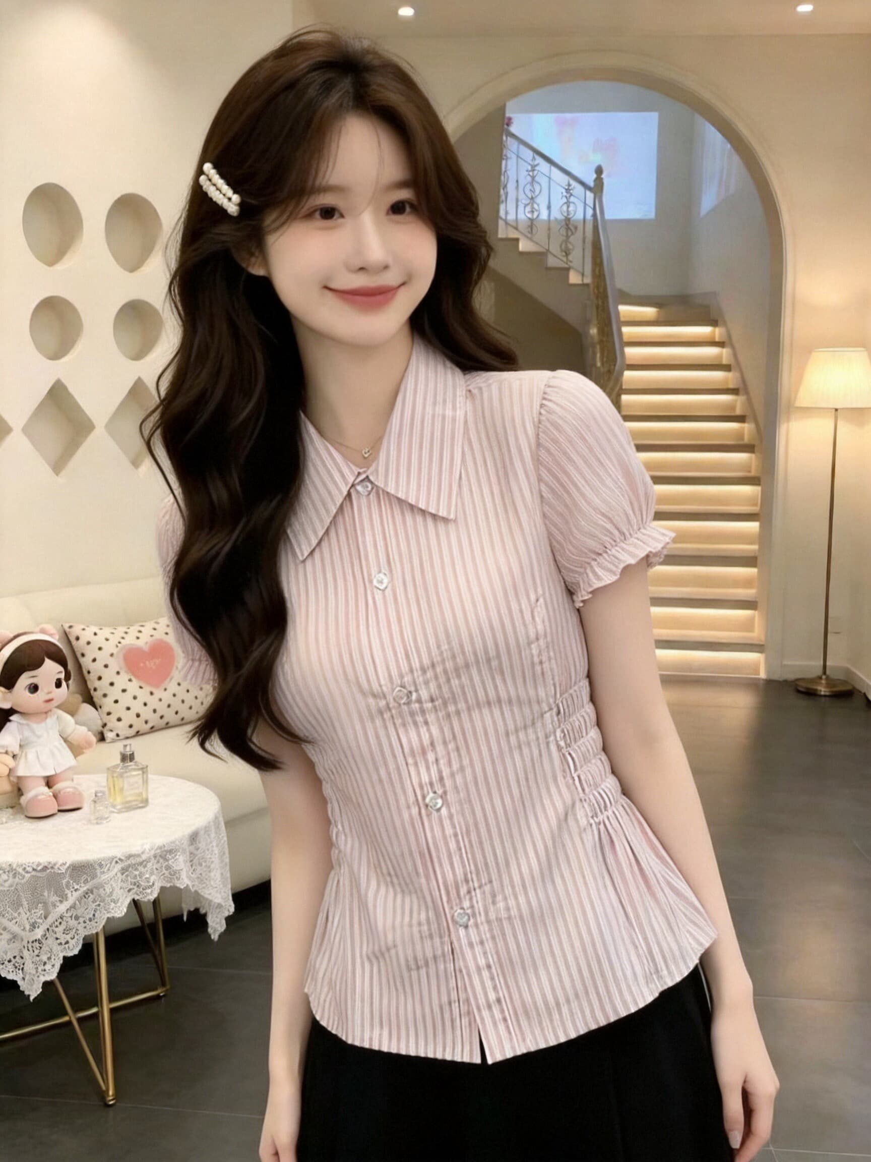 핑크색 스트라이프 셔츠 맨위 여성 상세 이미지 2