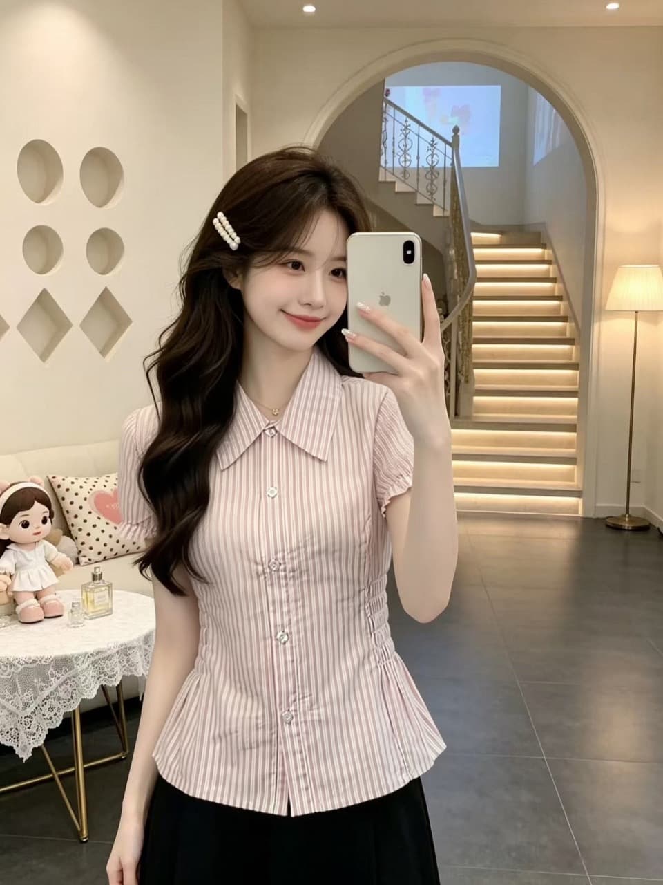 핑크색 스트라이프 셔츠 맨위 여성 상세 이미지 4