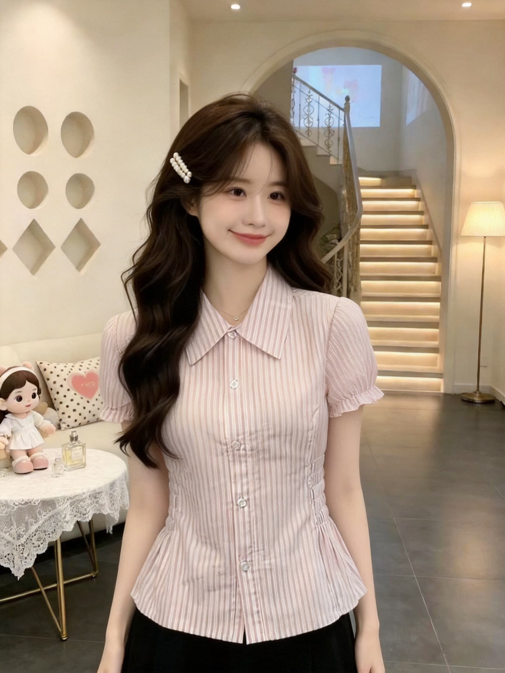 핑크색 스트라이프 셔츠 맨위 여성 상세 이미지 5