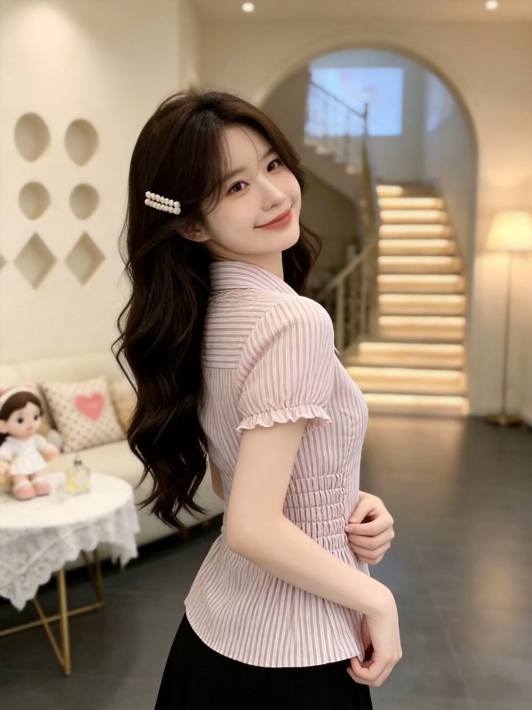 핑크색 스트라이프 셔츠 맨위 여성 상세 이미지 6