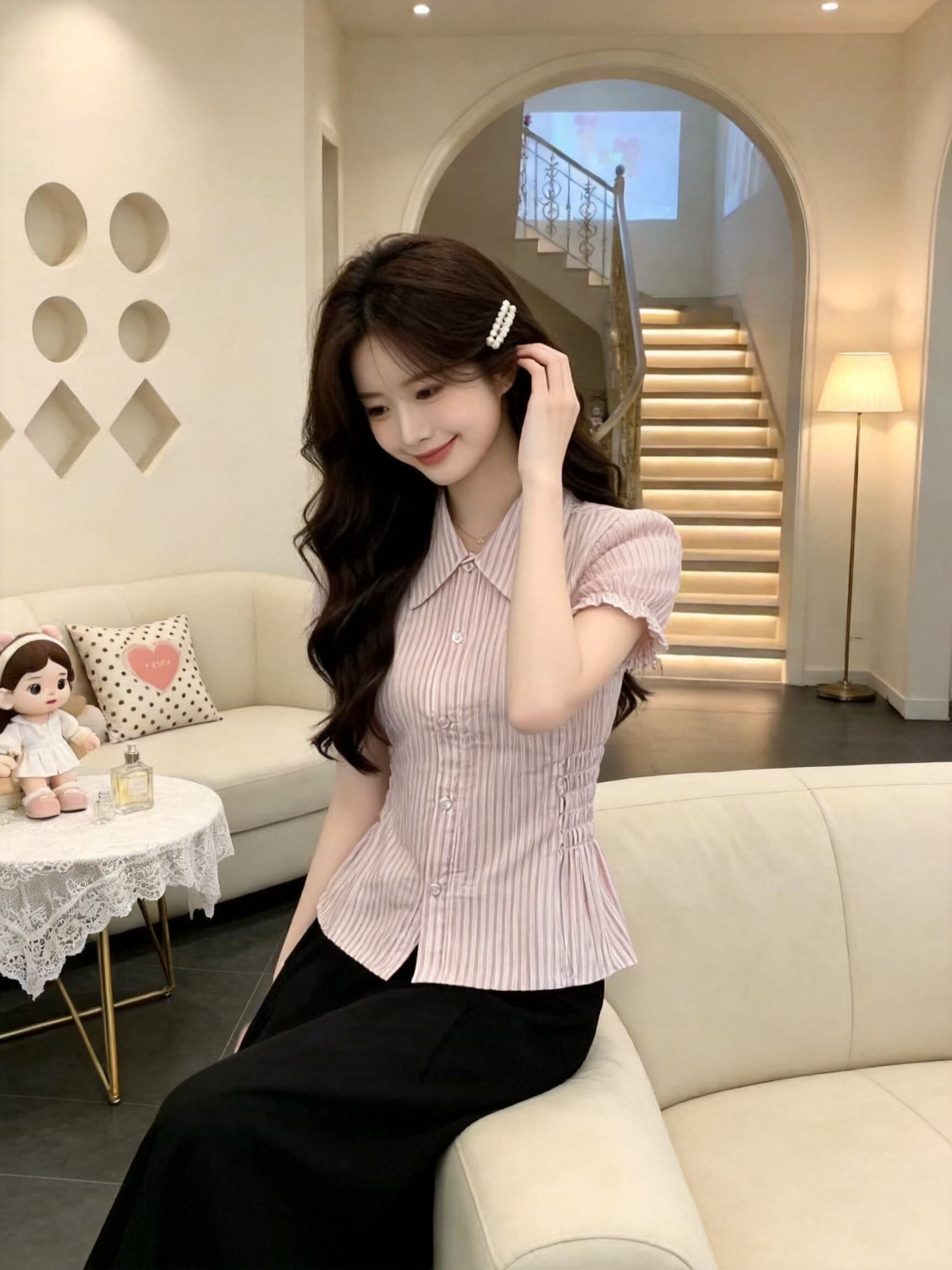 핑크색 스트라이프 셔츠 맨위 여성 상세 이미지 7