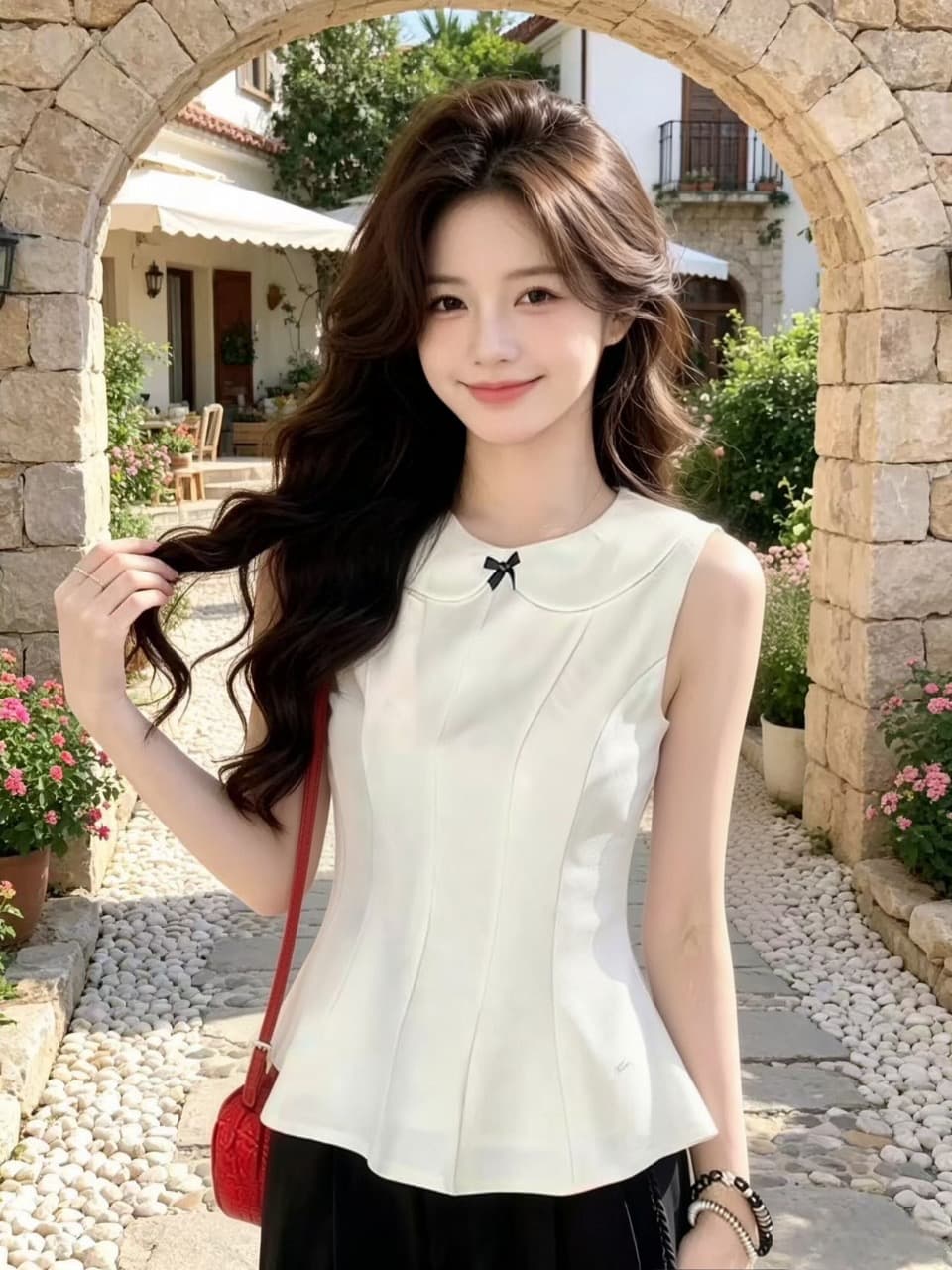 화이트 베이비 칼라 조끼 셔츠 맨위 여성 상세 이미지 2