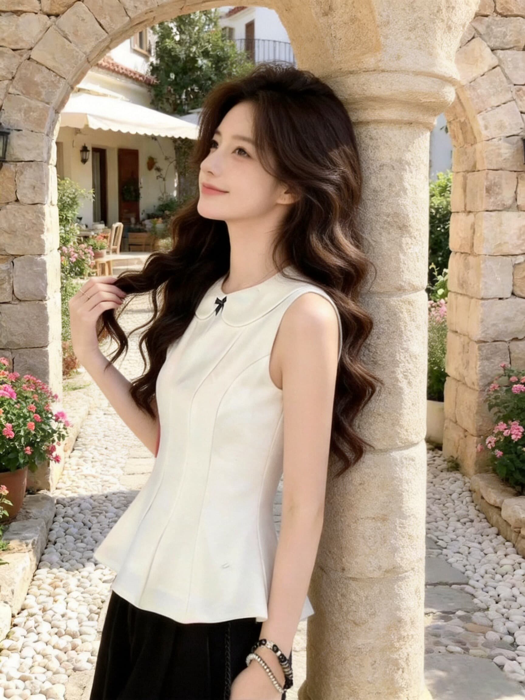 화이트 베이비 칼라 조끼 셔츠 맨위 여성 상세 이미지 3