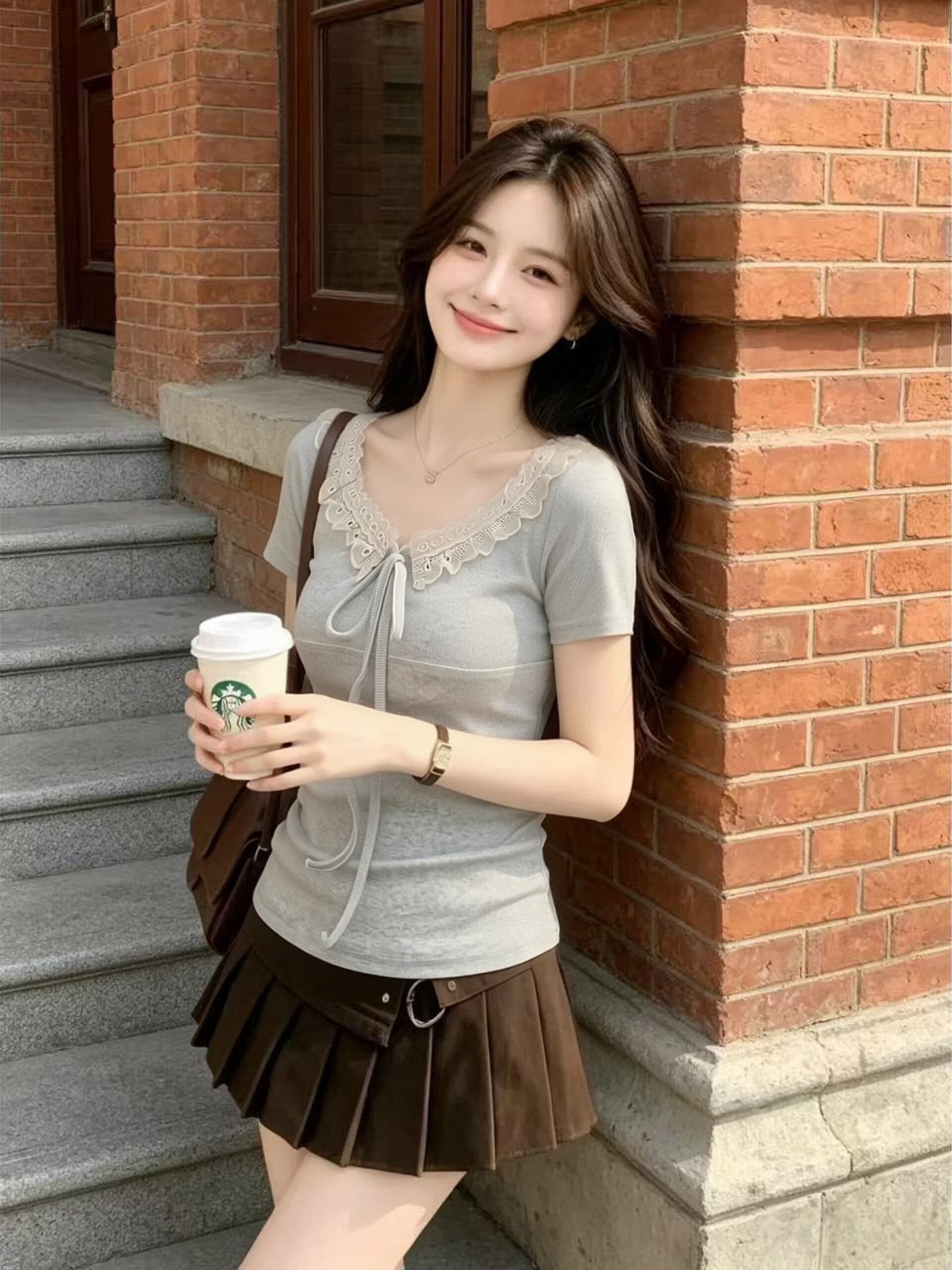 프릴 패치워크 부서 벨트 측면 칼라 맨위 여성 상세 이미지 3