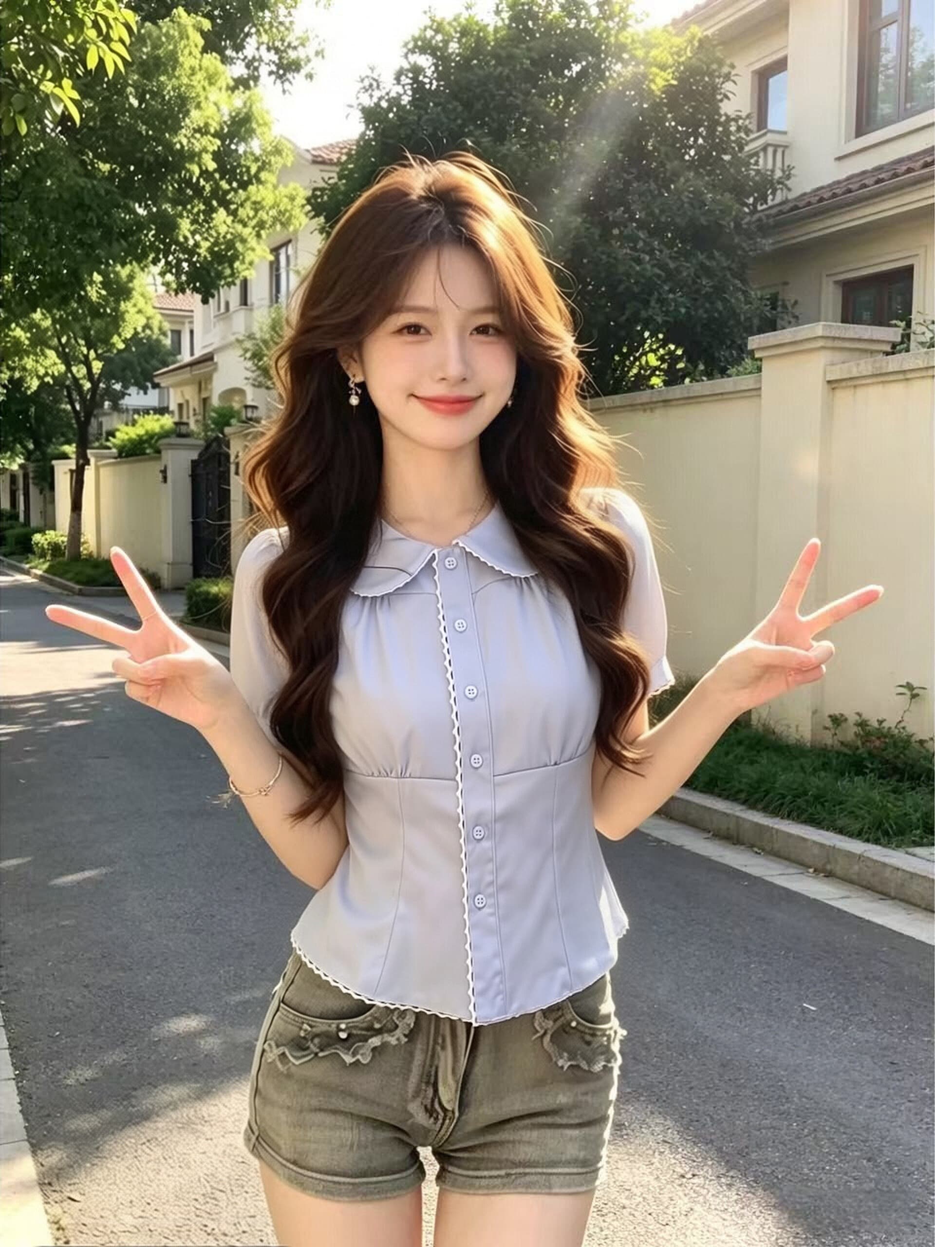 베이비 칼라 거품 소매 셔츠 맨위 여성 이미지 3