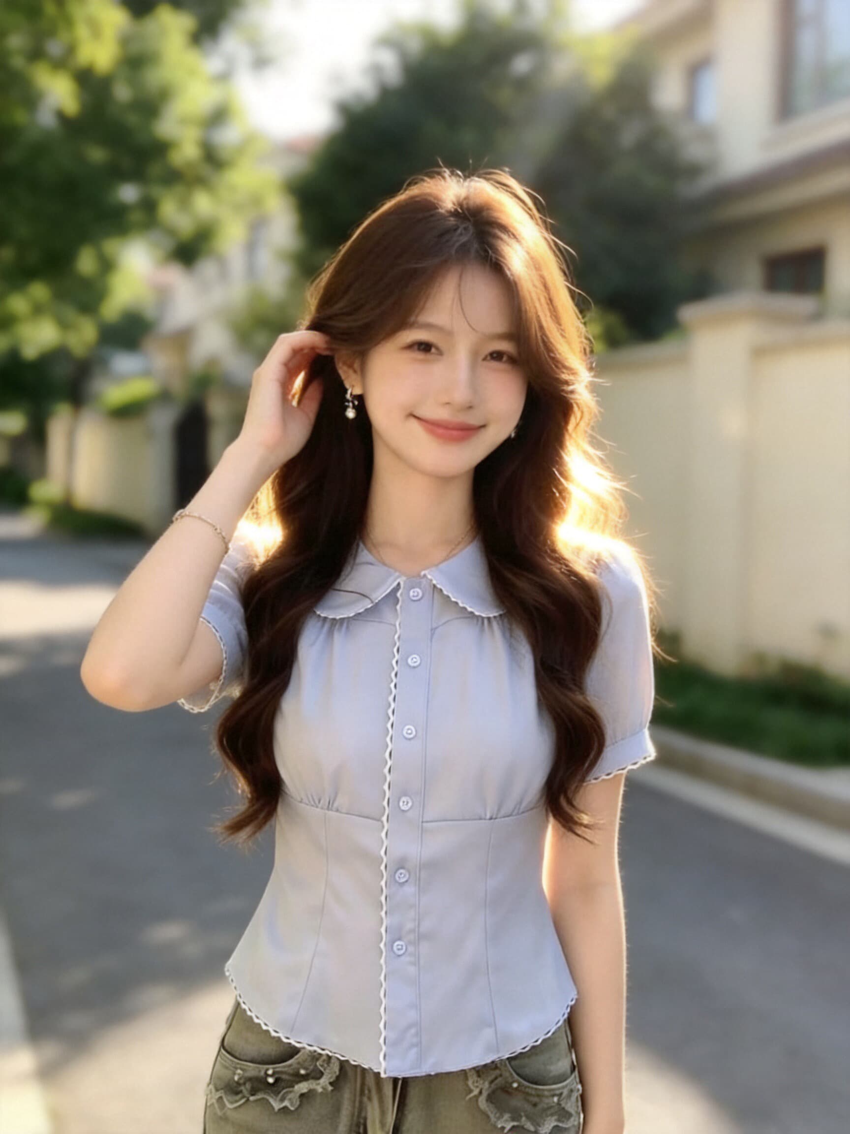 베이비 칼라 거품 소매 셔츠 맨위 여성 상세 이미지 3