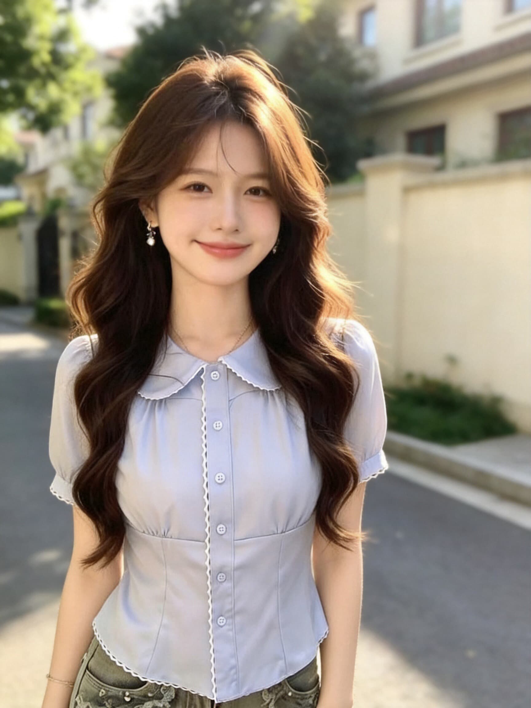 베이비 칼라 거품 소매 셔츠 맨위 여성 상세 이미지 4