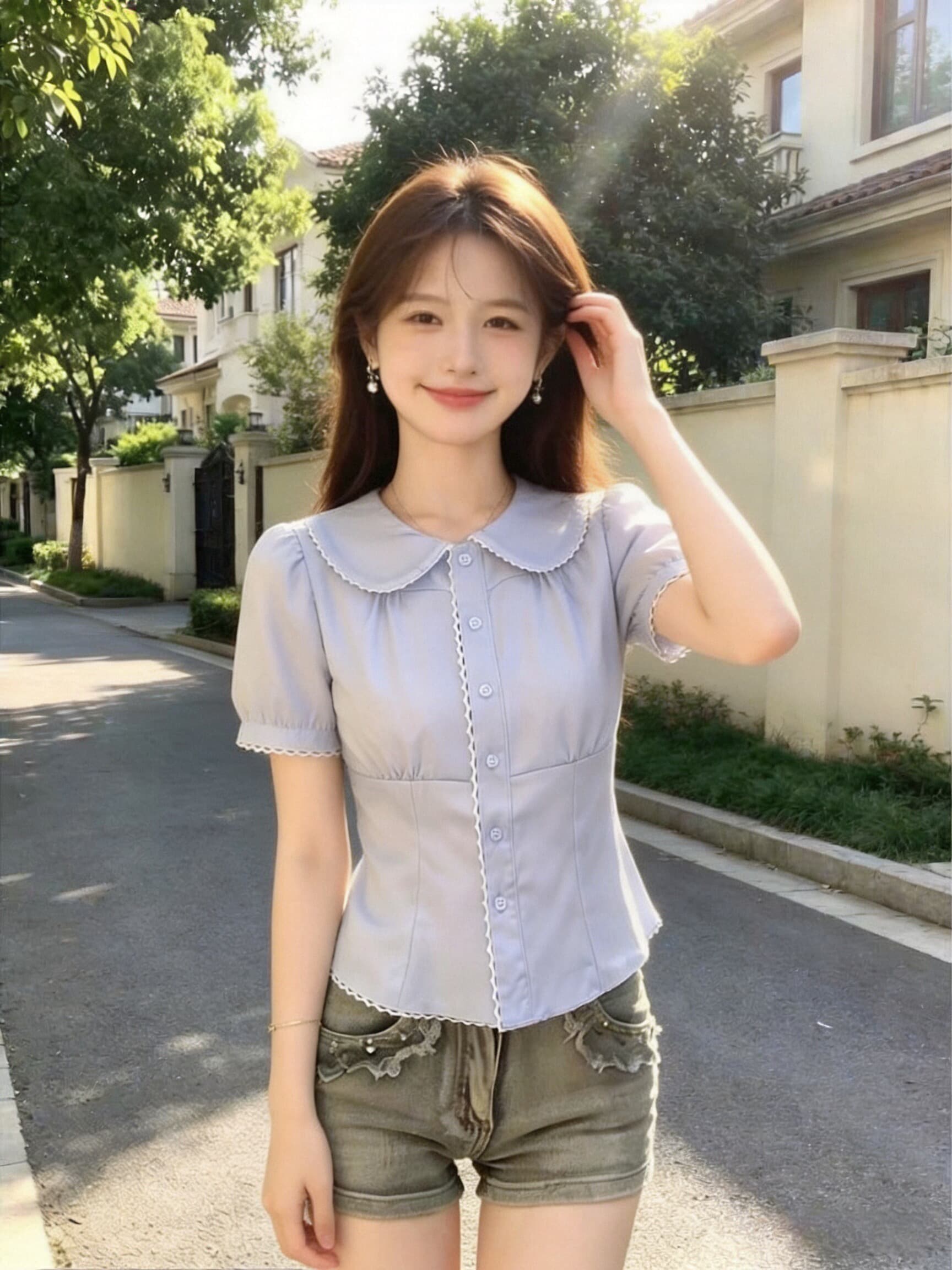 베이비 칼라 거품 소매 셔츠 맨위 여성 상세 이미지 7