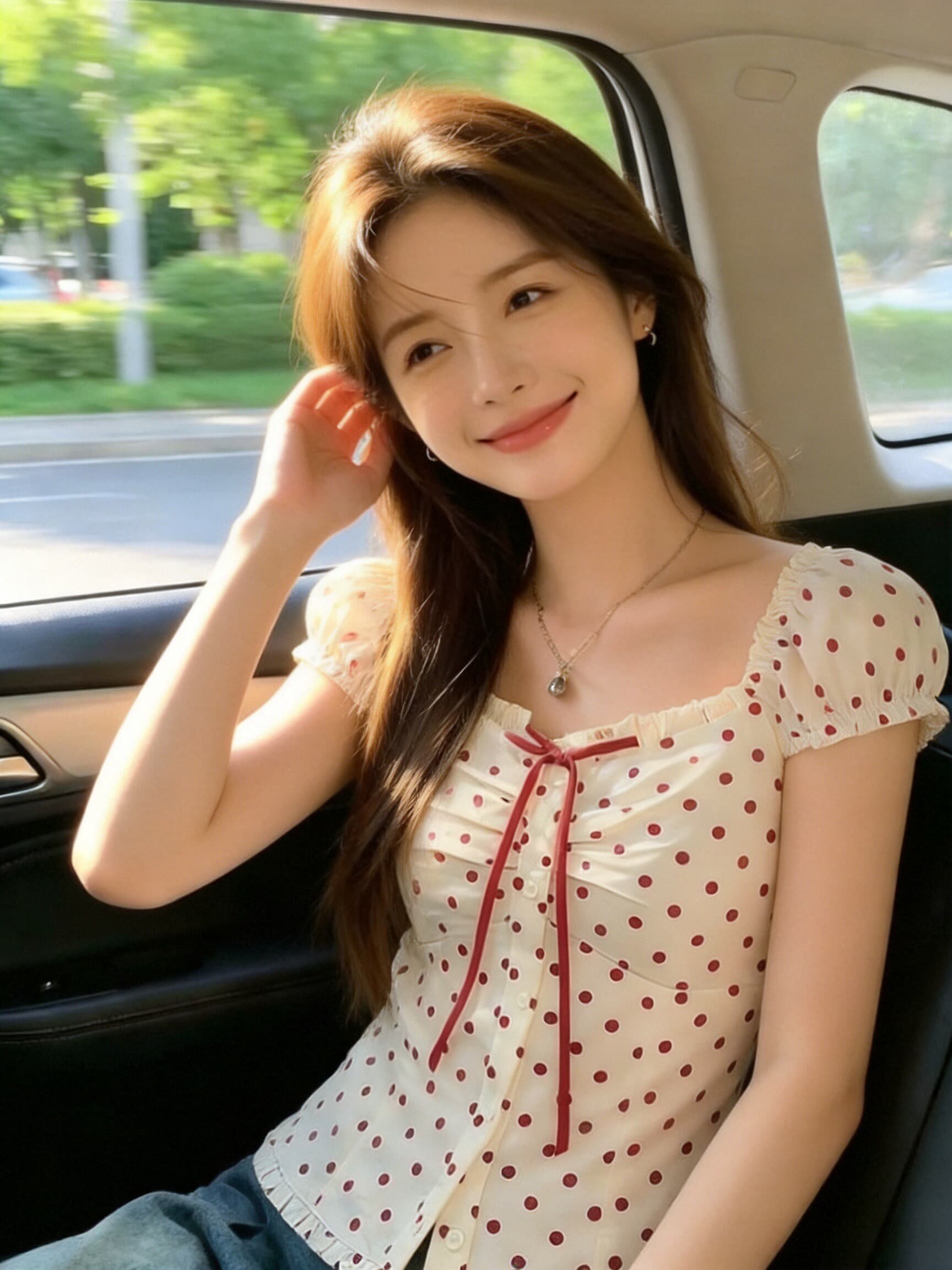 소녀 빨간색 도트 무늬 광장 칼라 맨위 여성 이미지 2