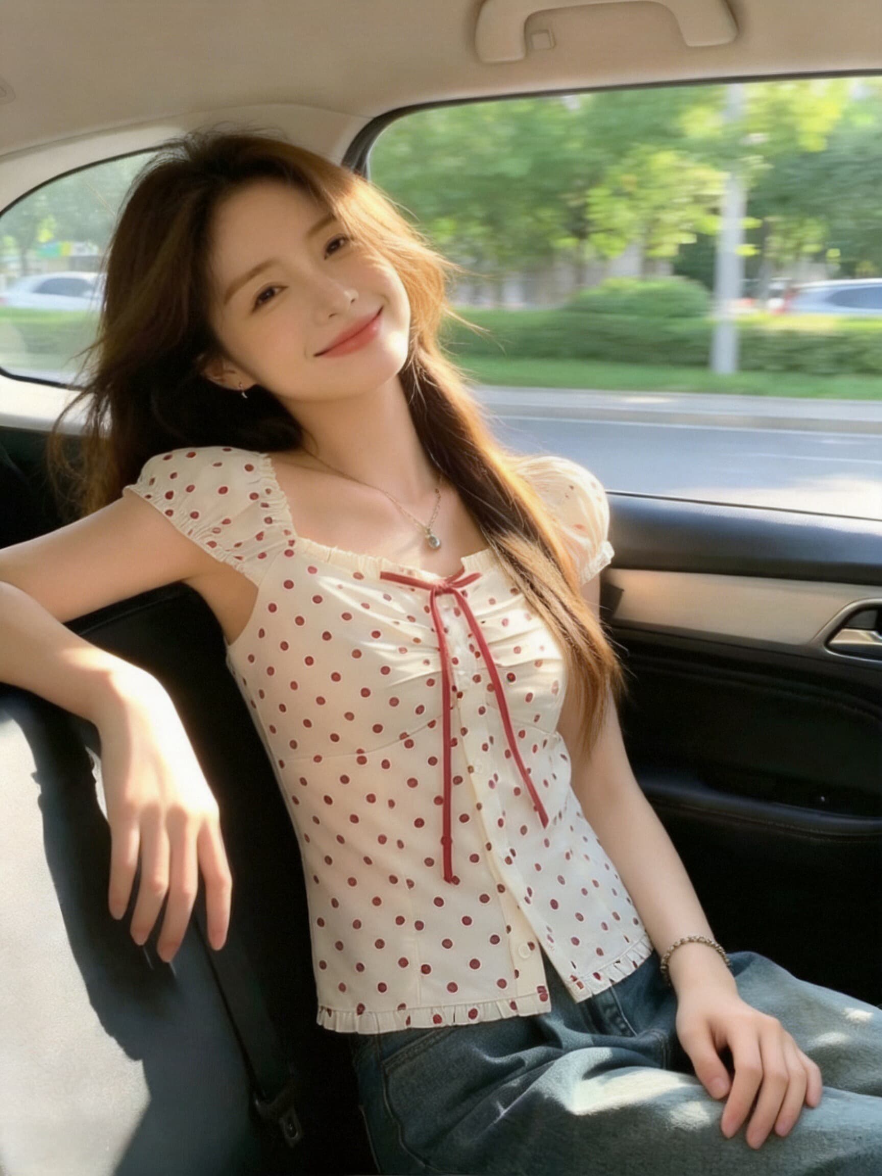 소녀 빨간색 도트 무늬 광장 칼라 맨위 여성 이미지 4