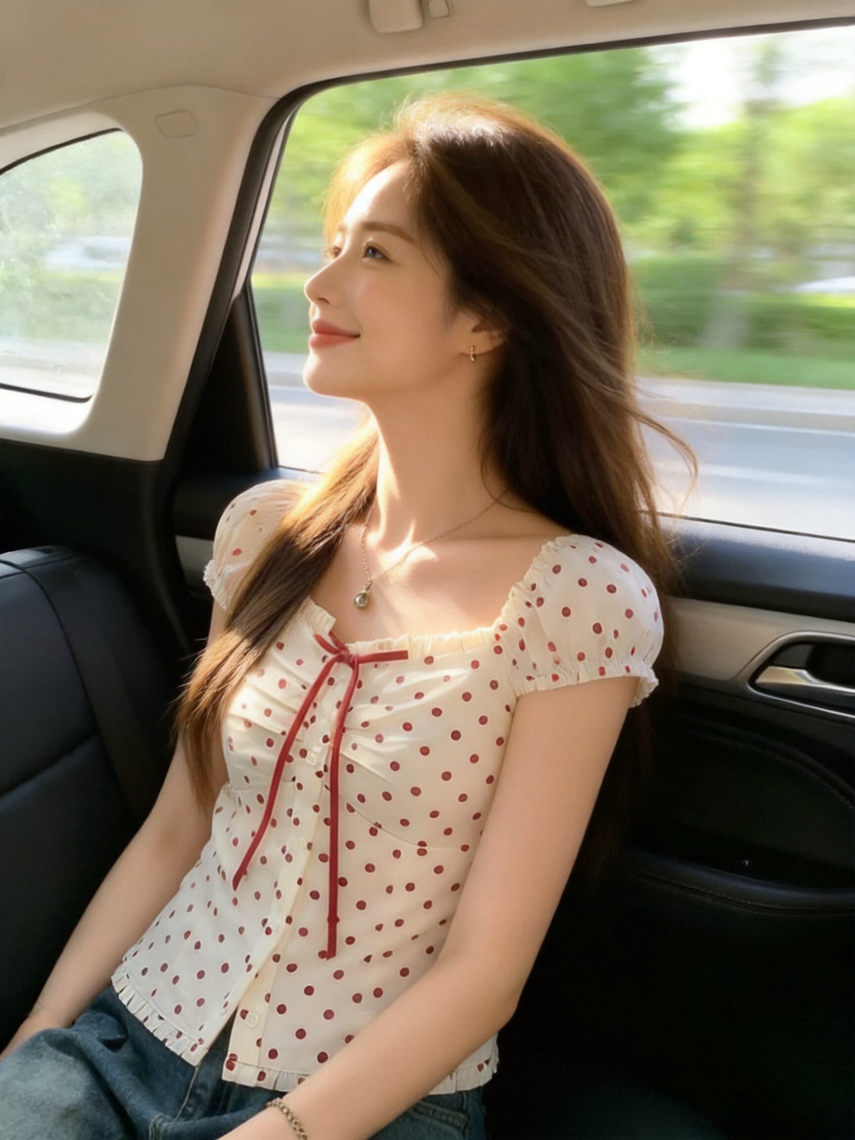 소녀 빨간색 도트 무늬 광장 칼라 맨위 여성 상세 이미지 4