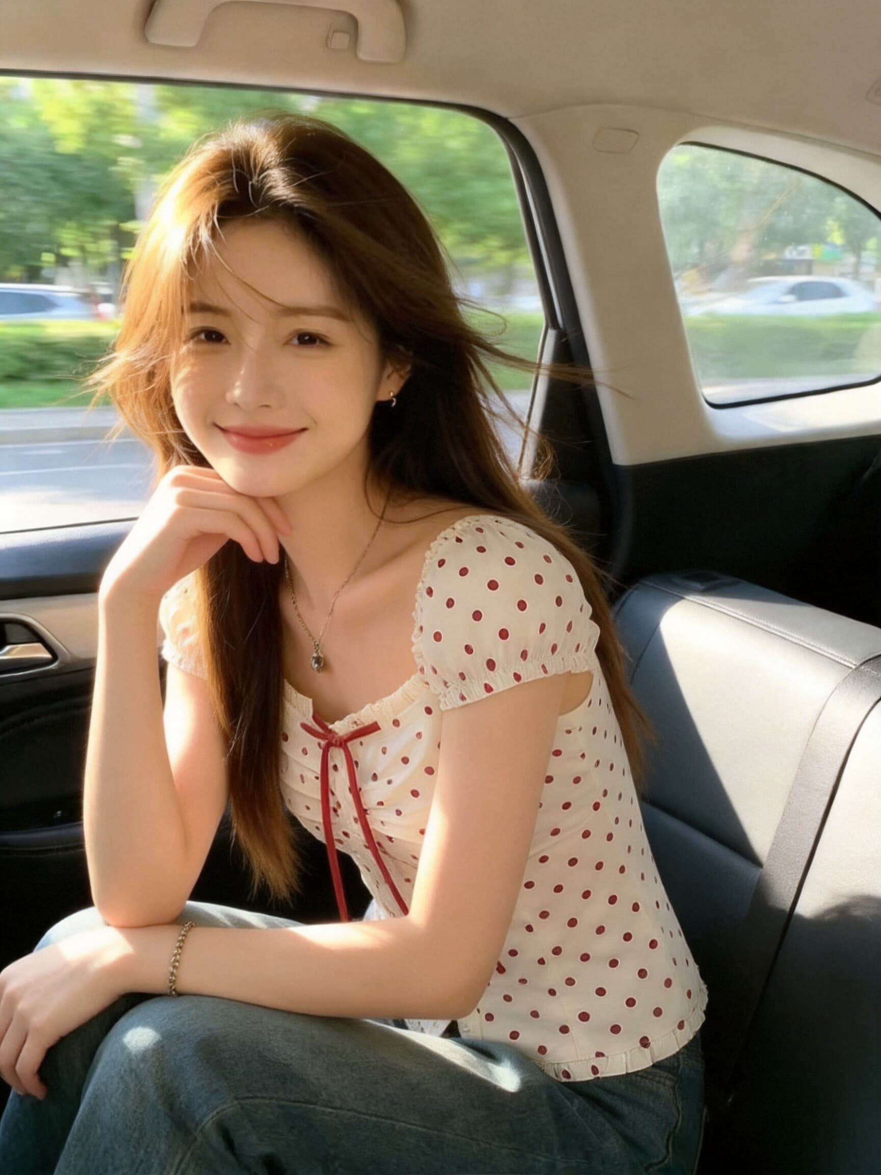 소녀 빨간색 도트 무늬 광장 칼라 맨위 여성 상세 이미지 6