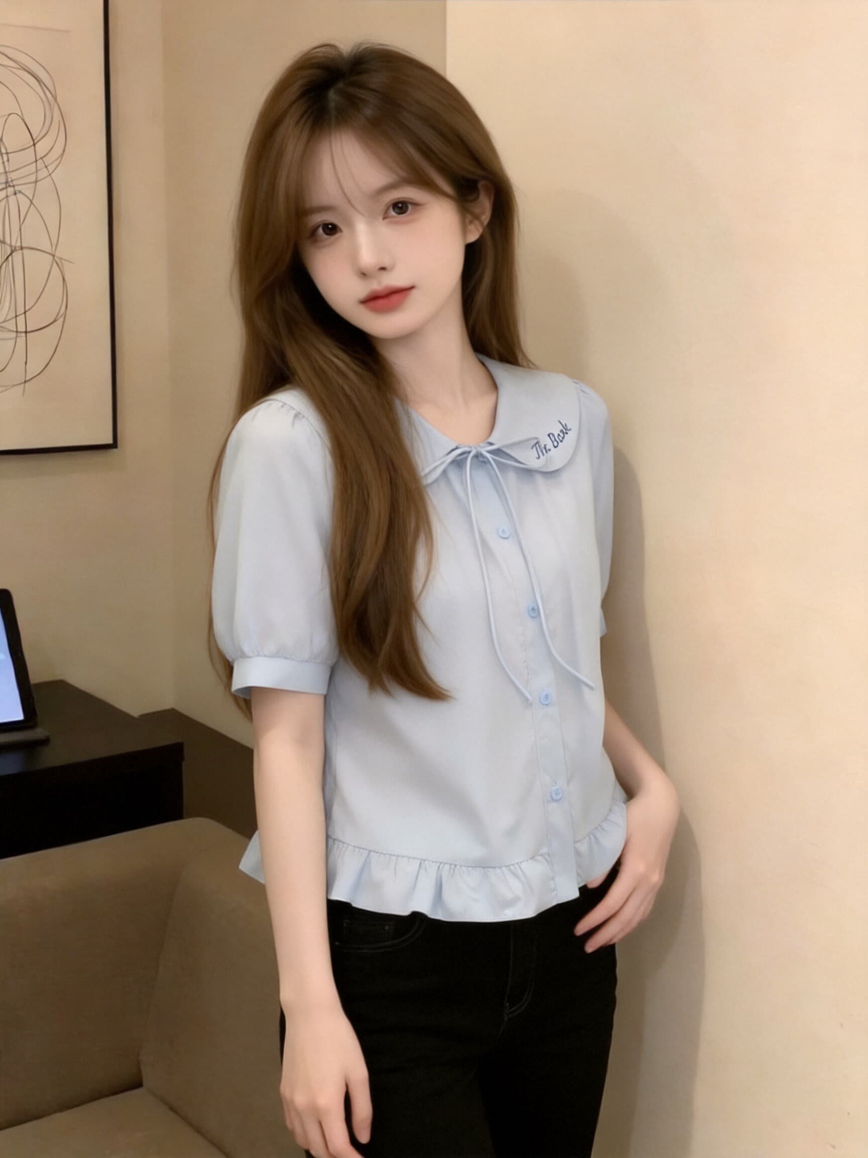 베이비 칼라 나비 매듭 셔츠 맨위 여성 이미지 5
