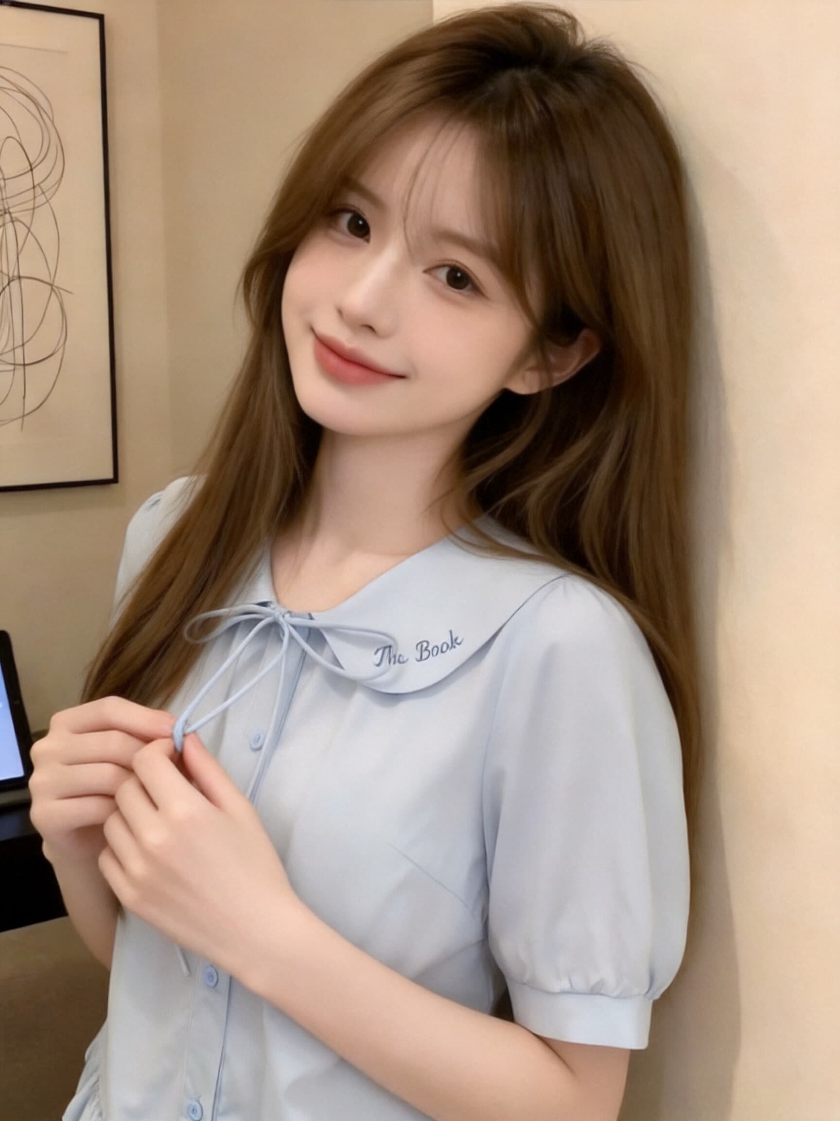 베이비 칼라 나비 매듭 셔츠 맨위 여성 상세 이미지 2