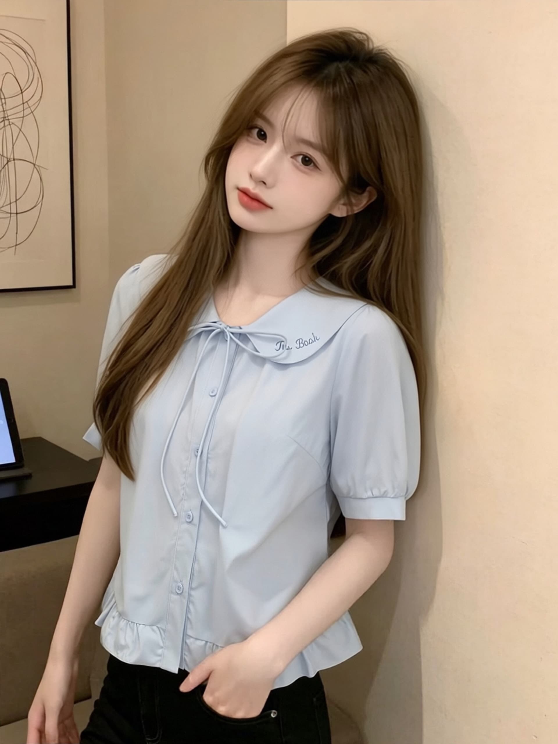 베이비 칼라 나비 매듭 셔츠 맨위 여성 상세 이미지 3