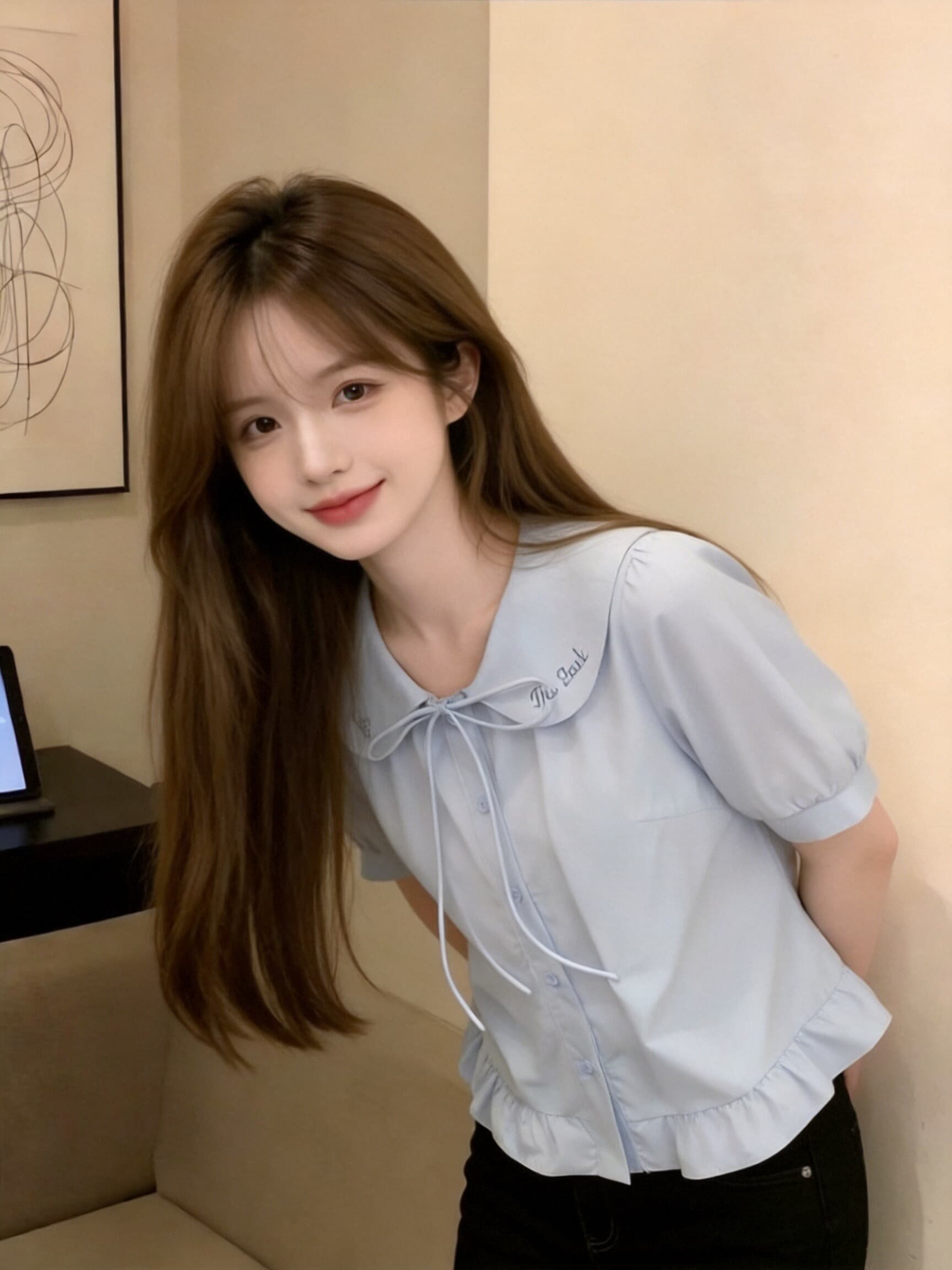 베이비 칼라 나비 매듭 셔츠 맨위 여성 상세 이미지 4