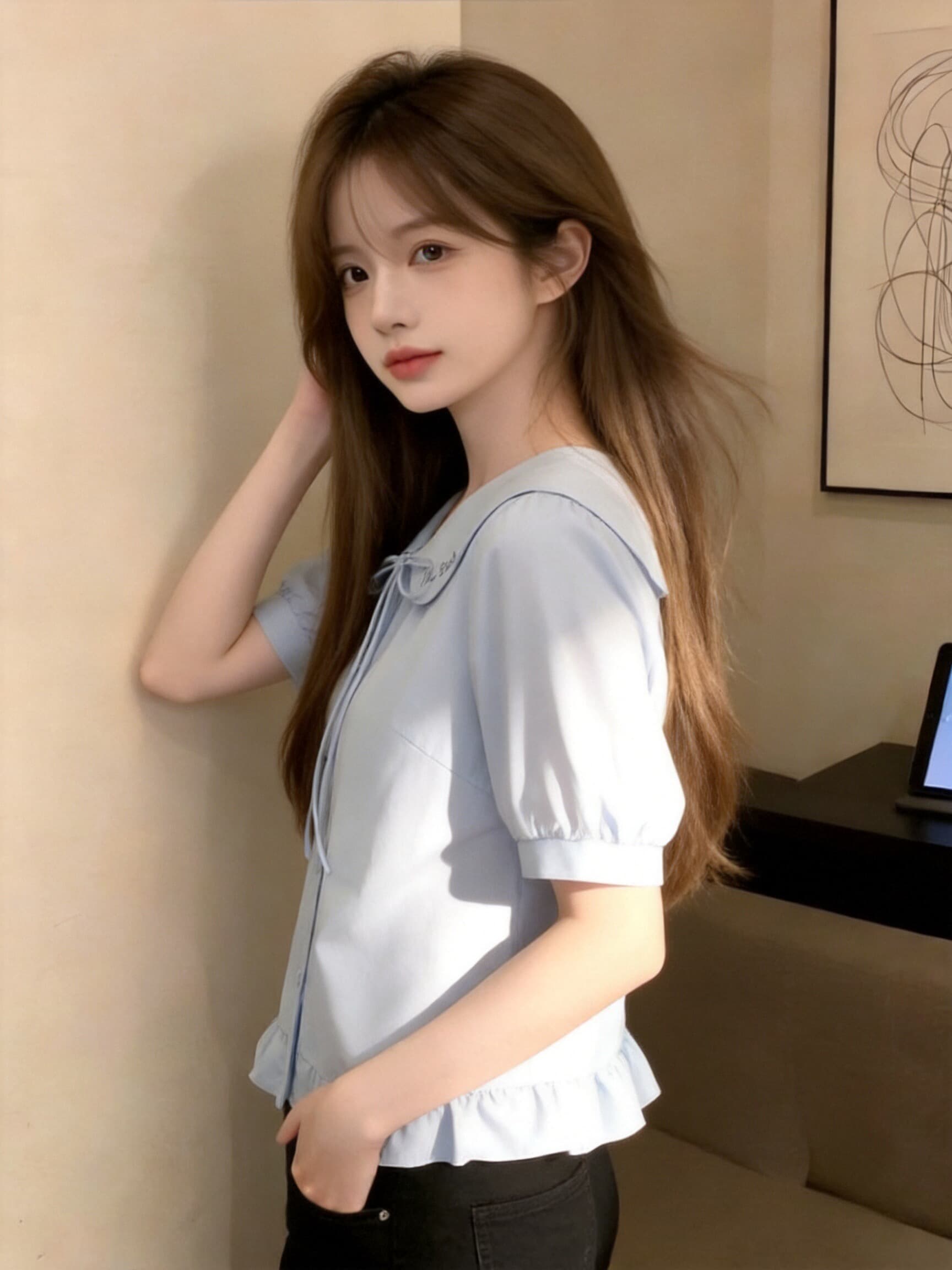 베이비 칼라 나비 매듭 셔츠 맨위 여성 상세 이미지 5