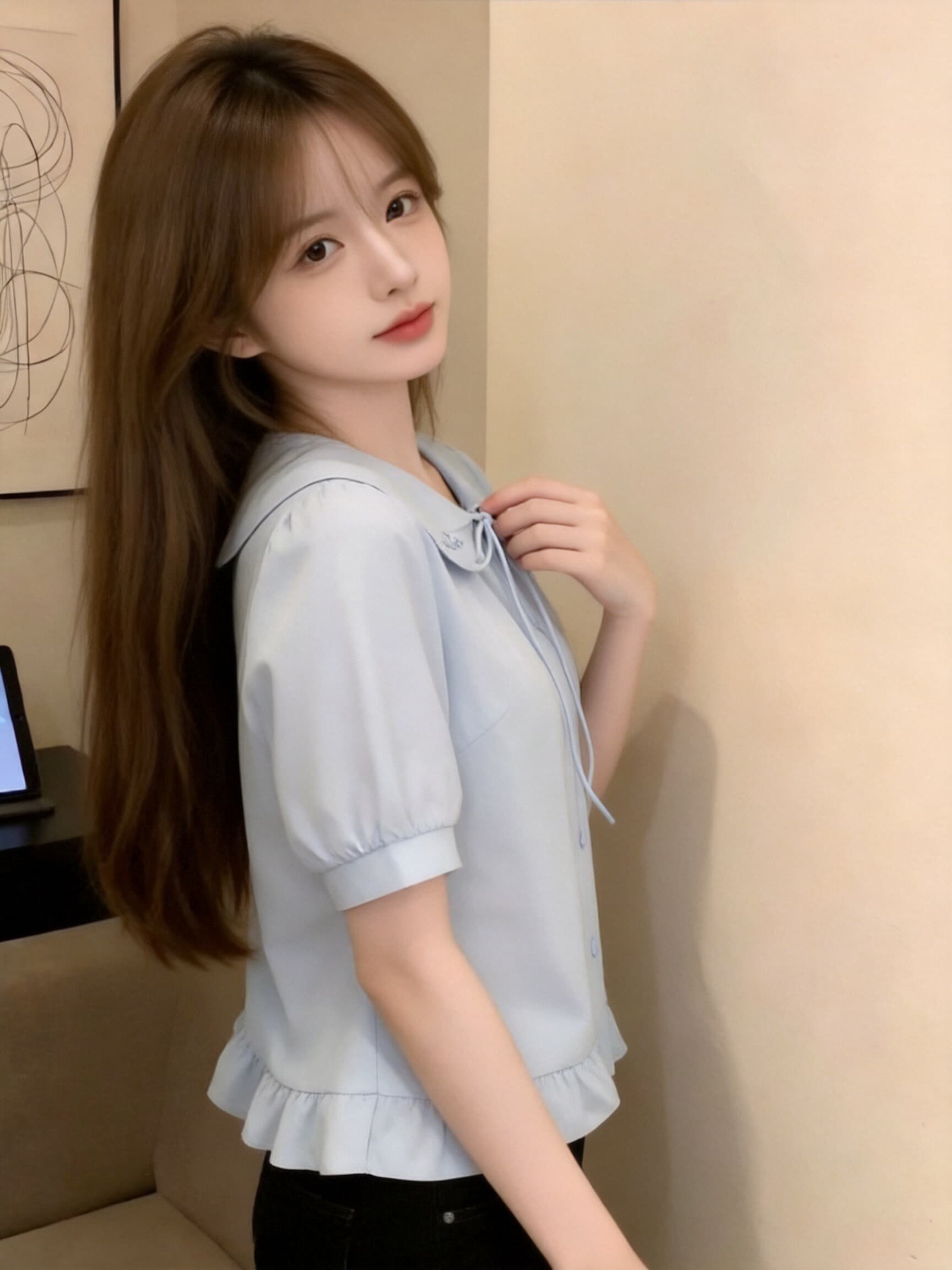 베이비 칼라 나비 매듭 셔츠 맨위 여성 상세 이미지 6