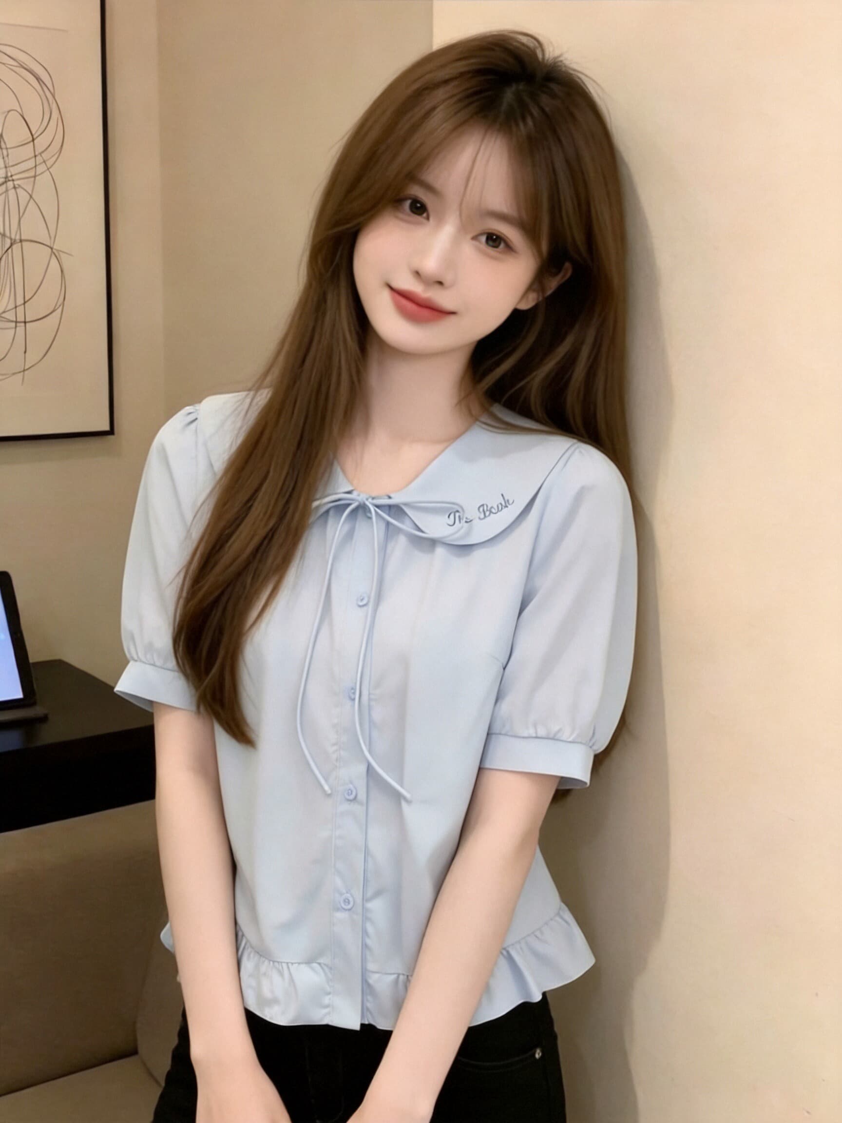 베이비 칼라 나비 매듭 셔츠 맨위 여성 상세 이미지 7