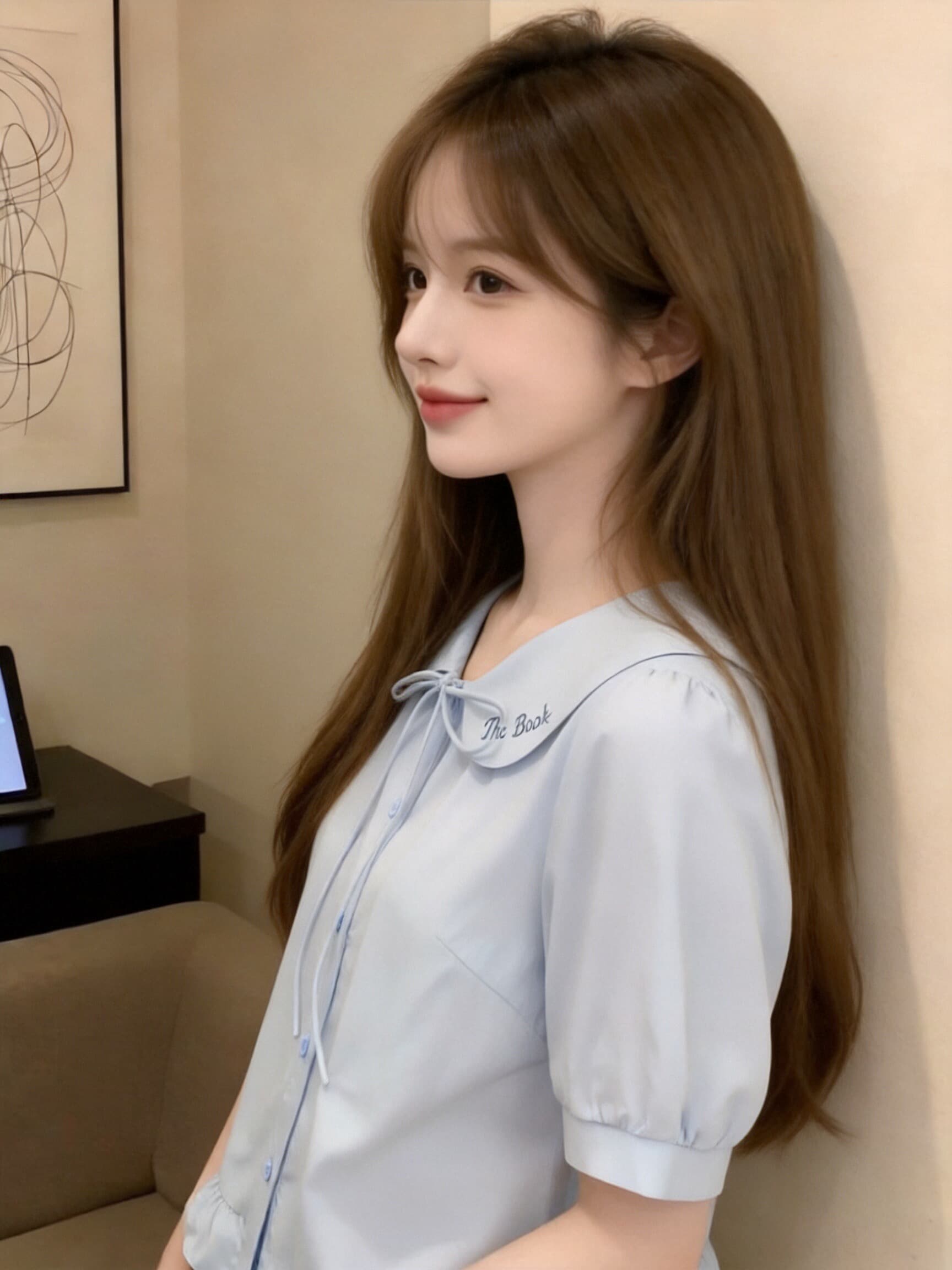 베이비 칼라 나비 매듭 셔츠 맨위 여성 상세 이미지 9