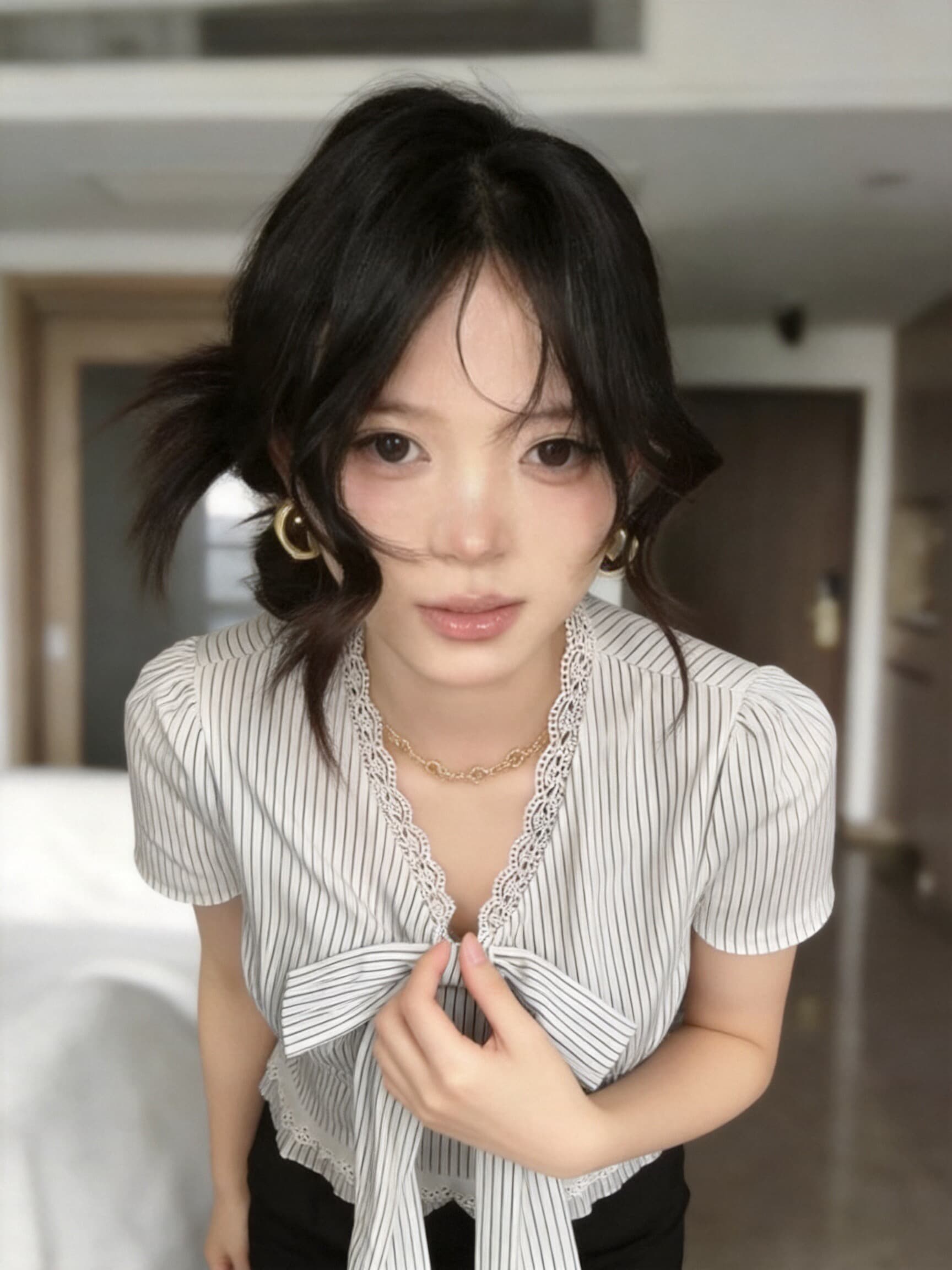 스트라이프 나비 매듭 레이스 V넥 스트랩 셔츠 맨위 여성 이미지 4