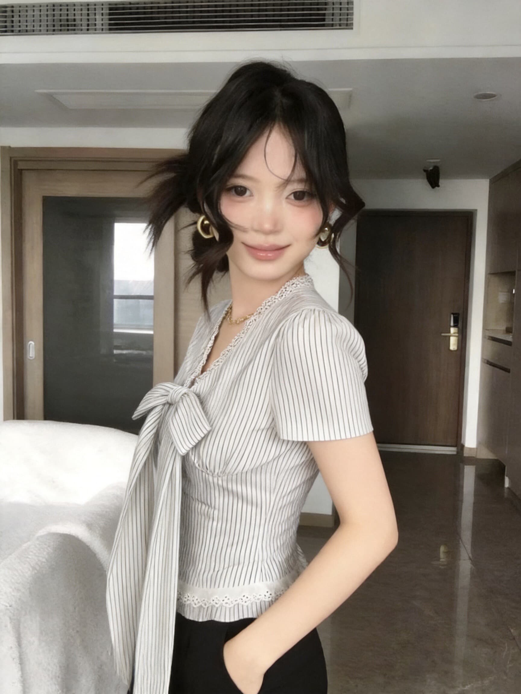 스트라이프 나비 매듭 레이스 V넥 스트랩 셔츠 맨위 여성 상세 이미지 8