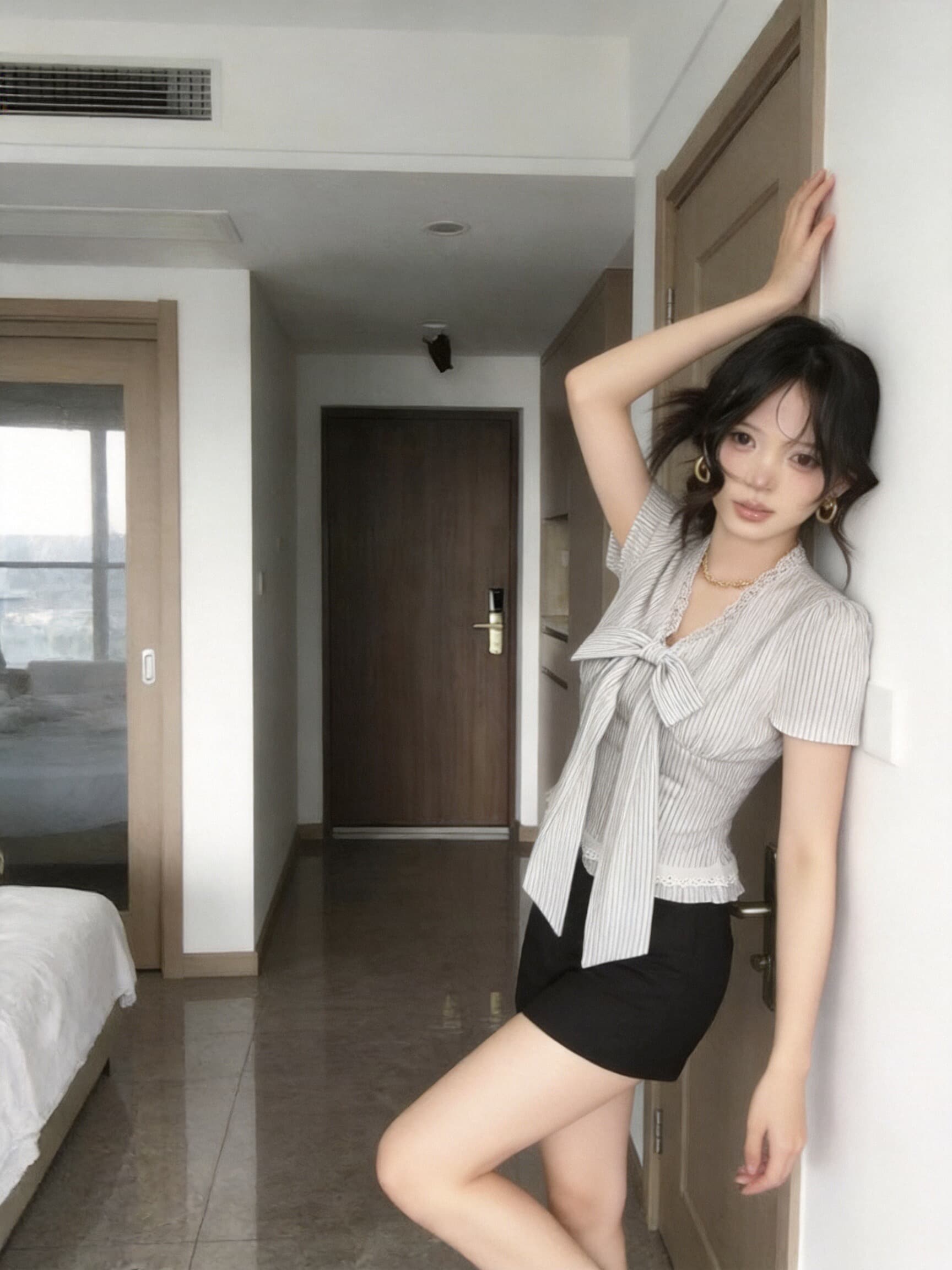 스트라이프 나비 매듭 레이스 V넥 스트랩 셔츠 맨위 여성 상세 이미지 9