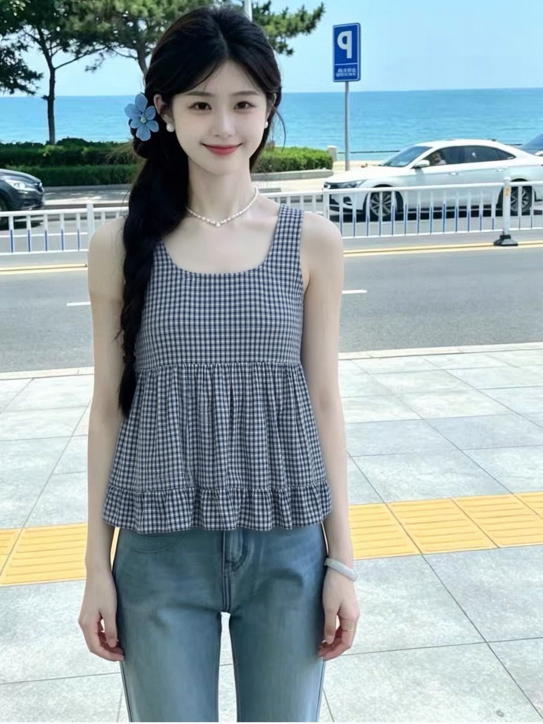 레트로 그리드 패치워크 프릴 셔츠 맨위 여성 이미지 2