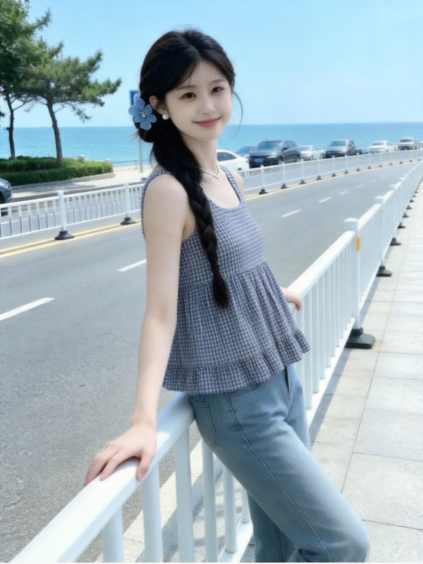 레트로 그리드 패치워크 프릴 셔츠 맨위 여성 상세 이미지 4