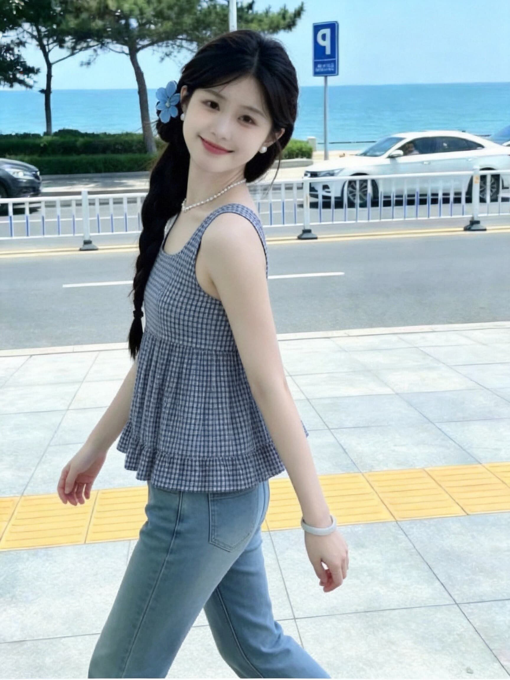 레트로 그리드 패치워크 프릴 셔츠 맨위 여성 상세 이미지 5