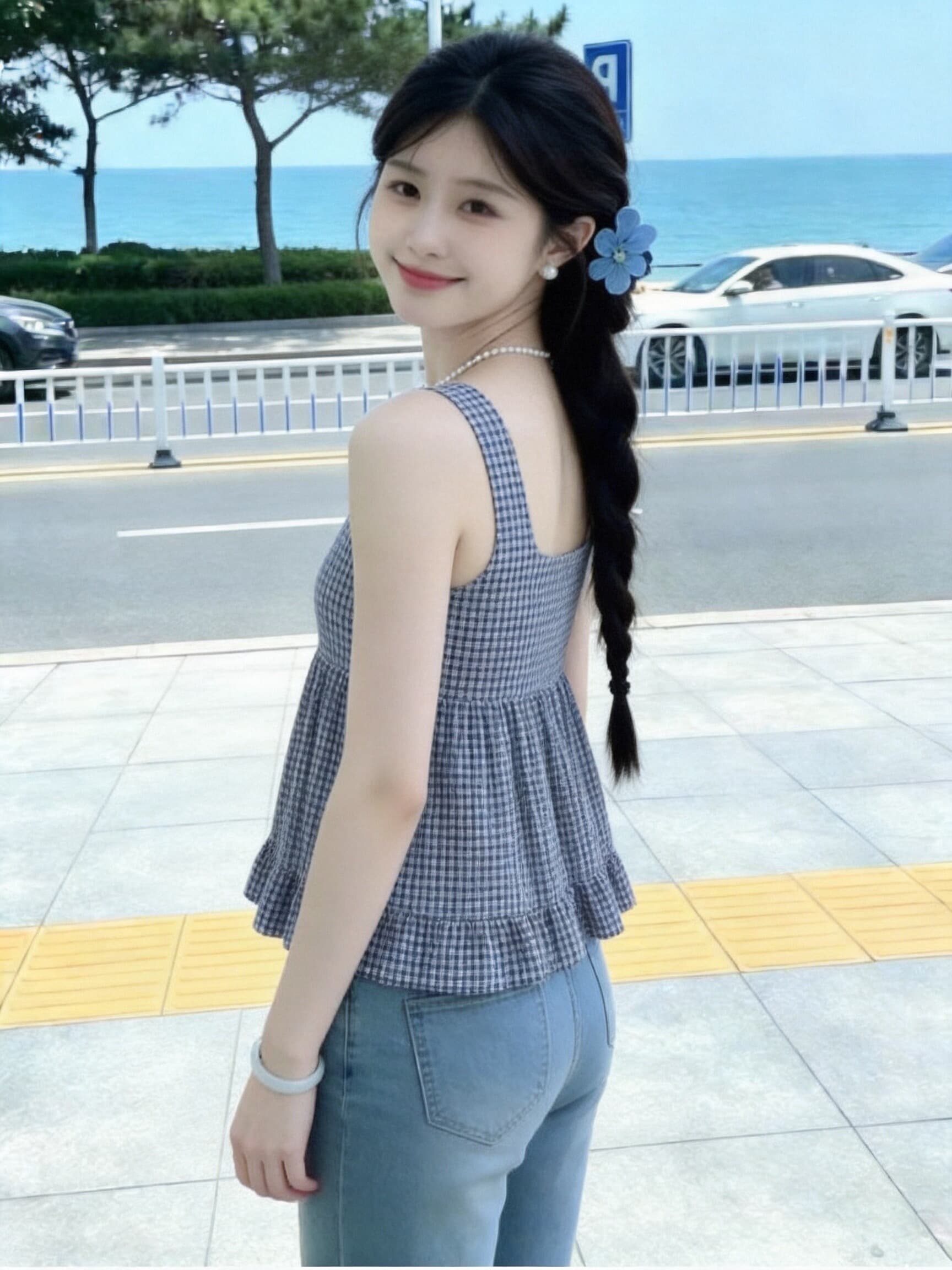 레트로 그리드 패치워크 프릴 셔츠 맨위 여성 상세 이미지 6