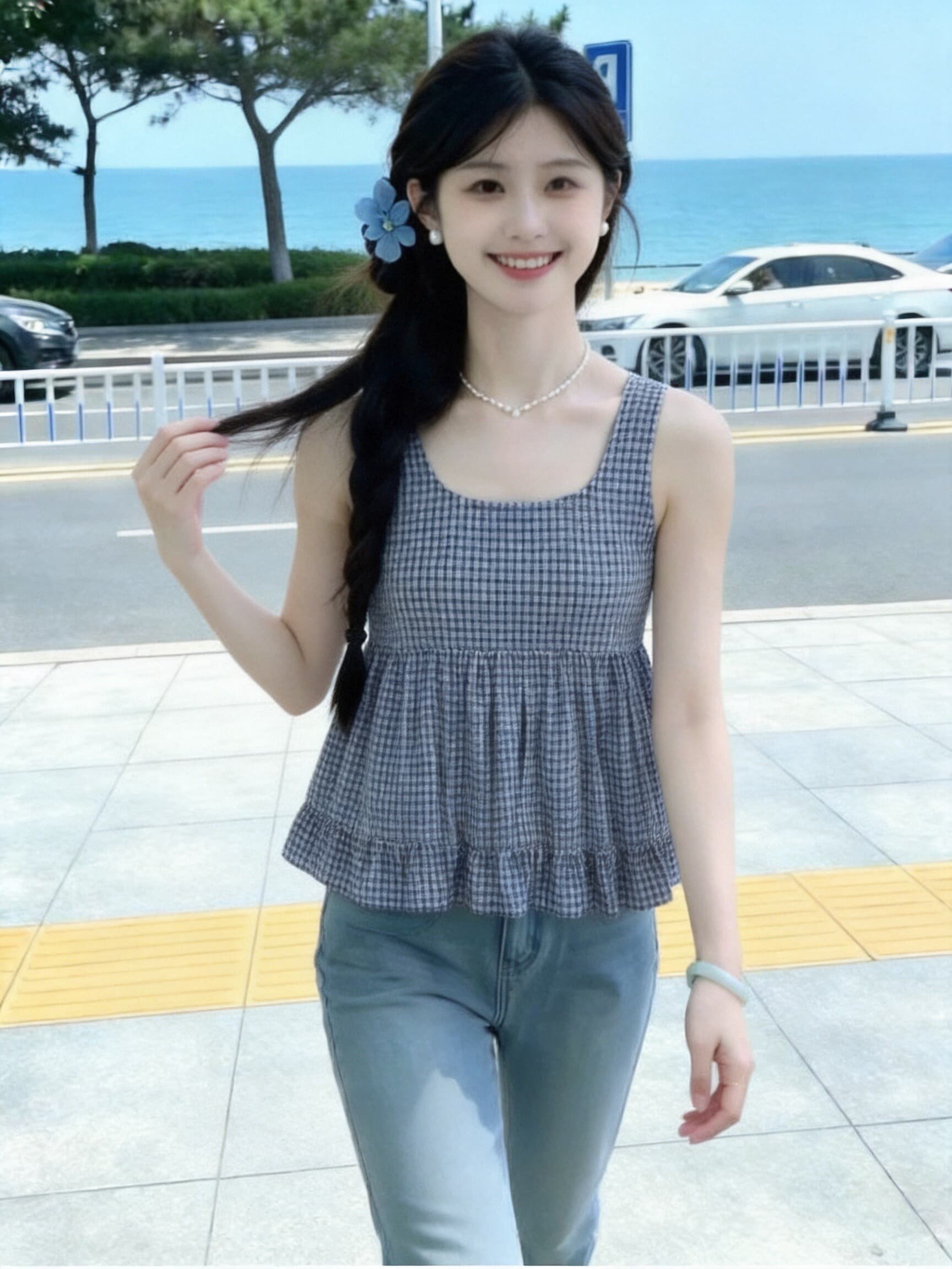 레트로 그리드 패치워크 프릴 셔츠 맨위 여성 상세 이미지 9