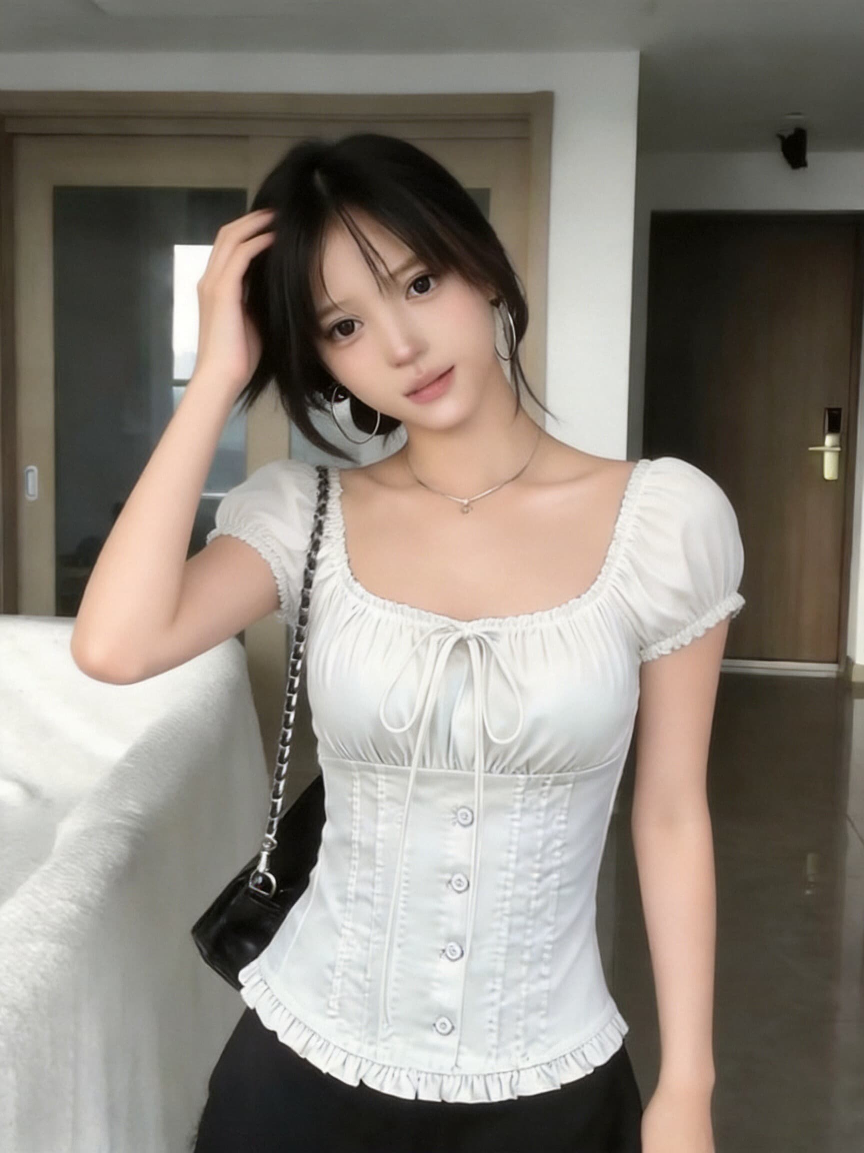 광장 칼라 거품 소매 셔츠 맨위 여성 상세 이미지 2