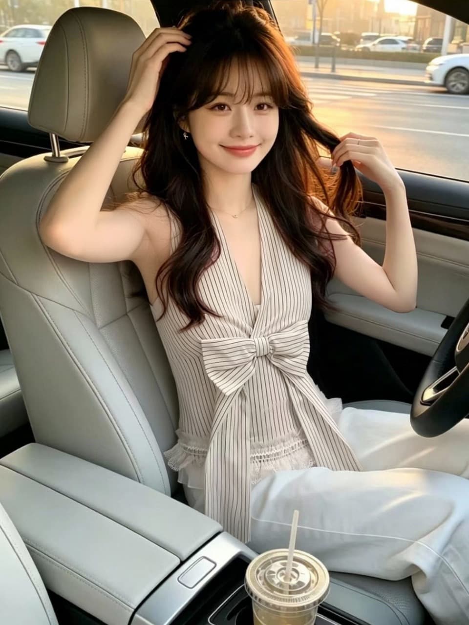 스트라이프 레이스 꼬집기 허리 행침 목 셔츠 맨위 여성