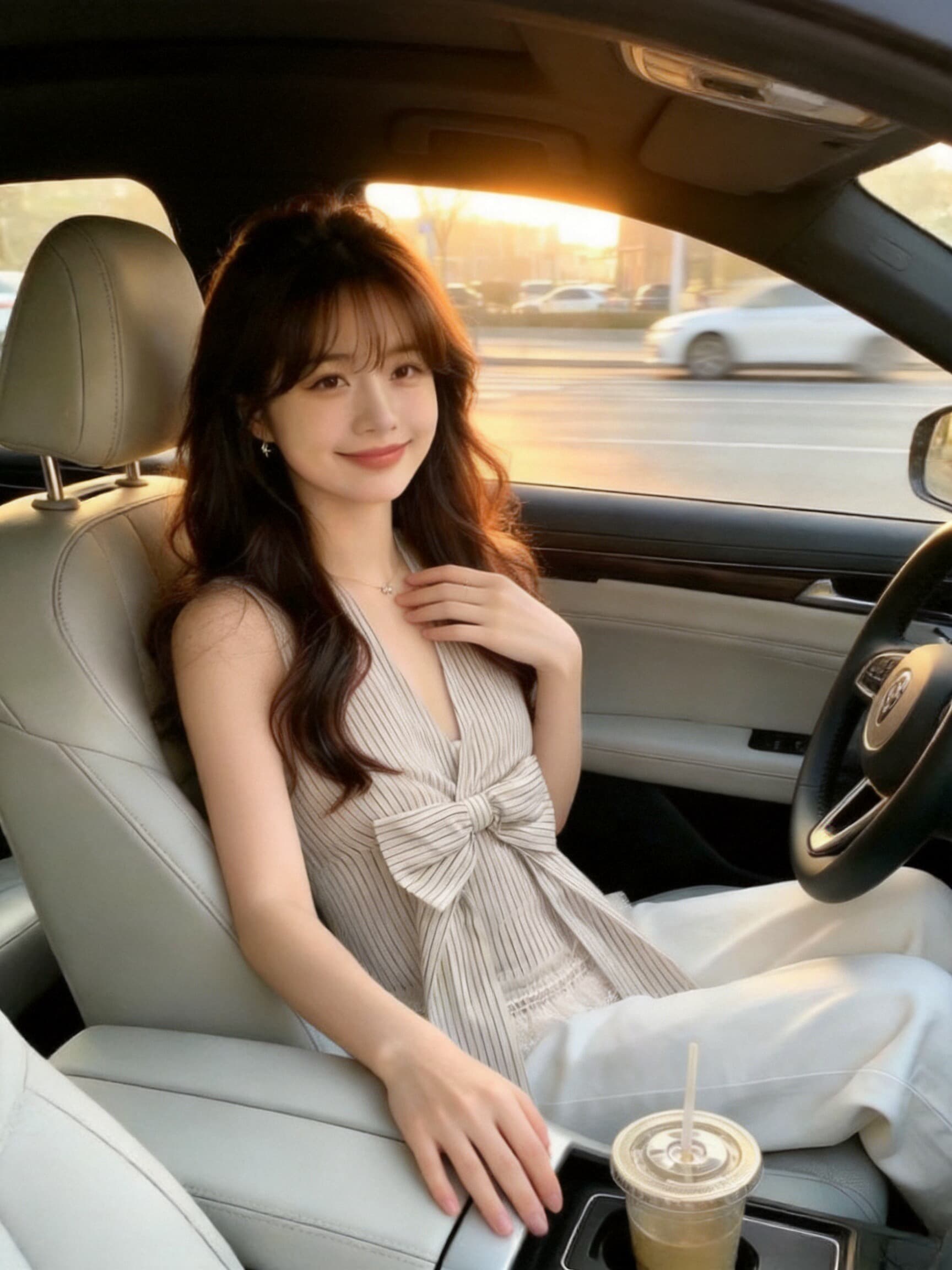 스트라이프 레이스 꼬집기 허리 행침 목 셔츠 맨위 여성 이미지 4