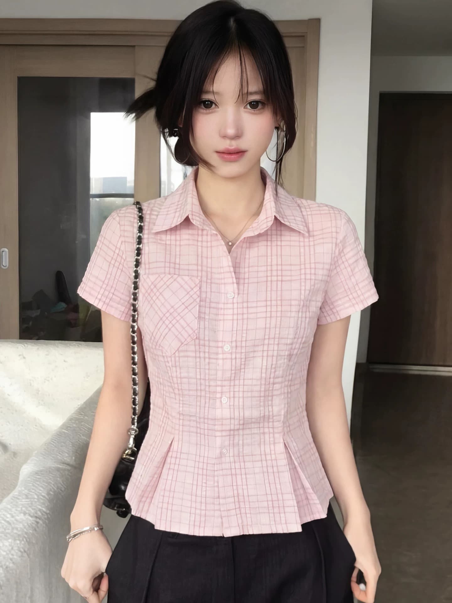 체크무늬 주름 허리 수축 셔츠 맨위 여성