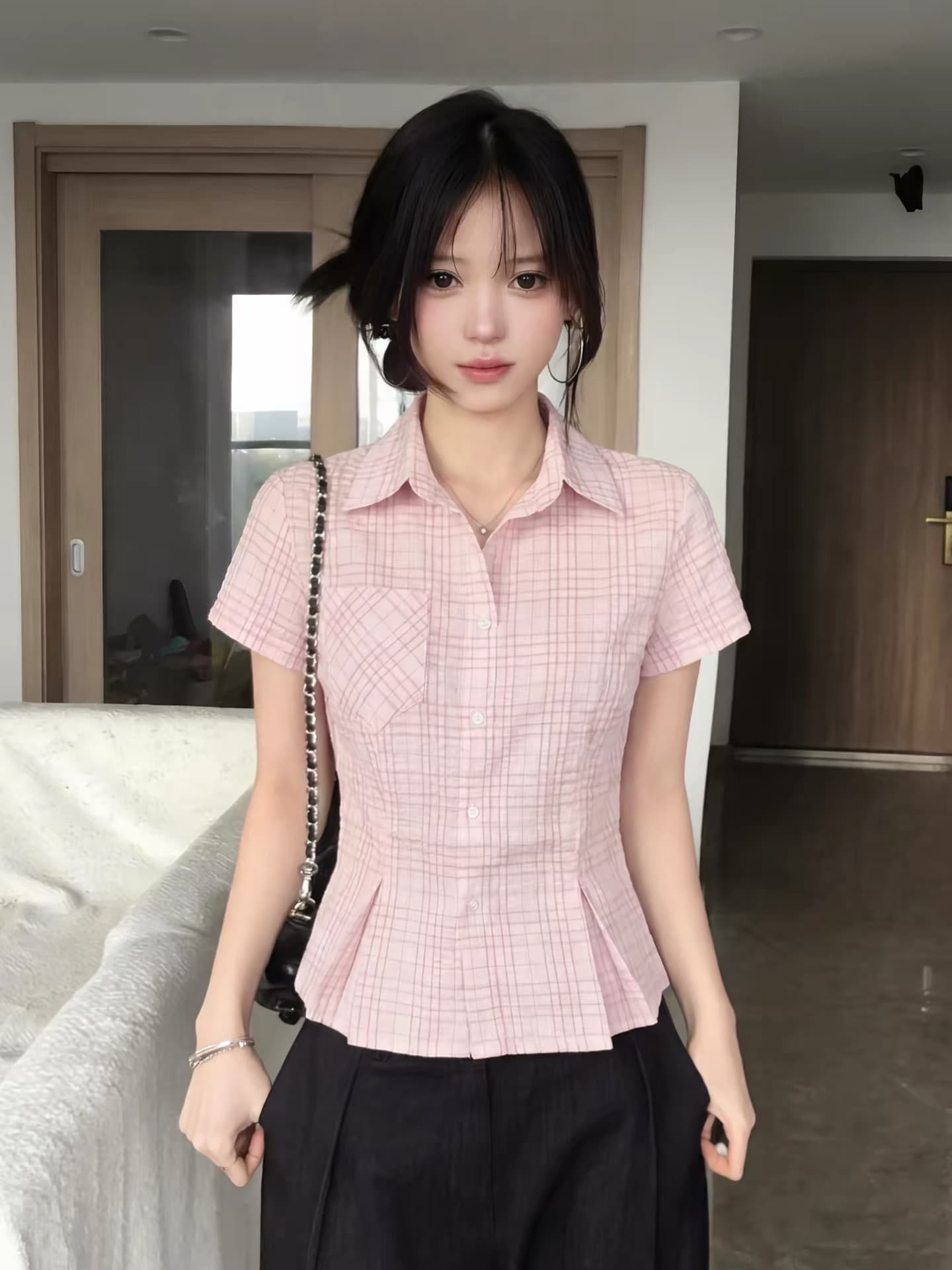 체크무늬 주름 허리 수축 셔츠 맨위 여성 이미지 4