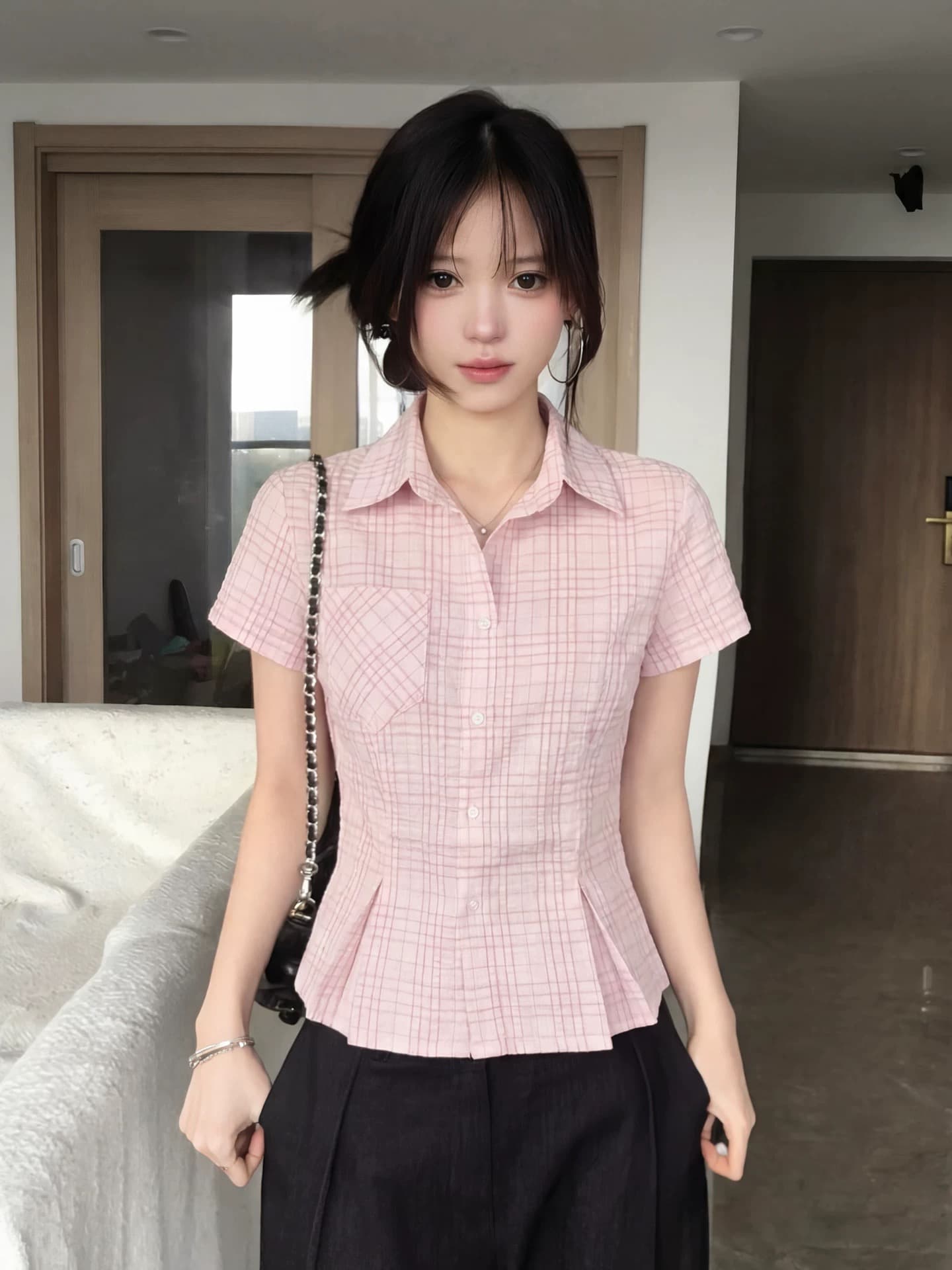 체크무늬 주름 허리 수축 셔츠 맨위 여성 상세 이미지 5