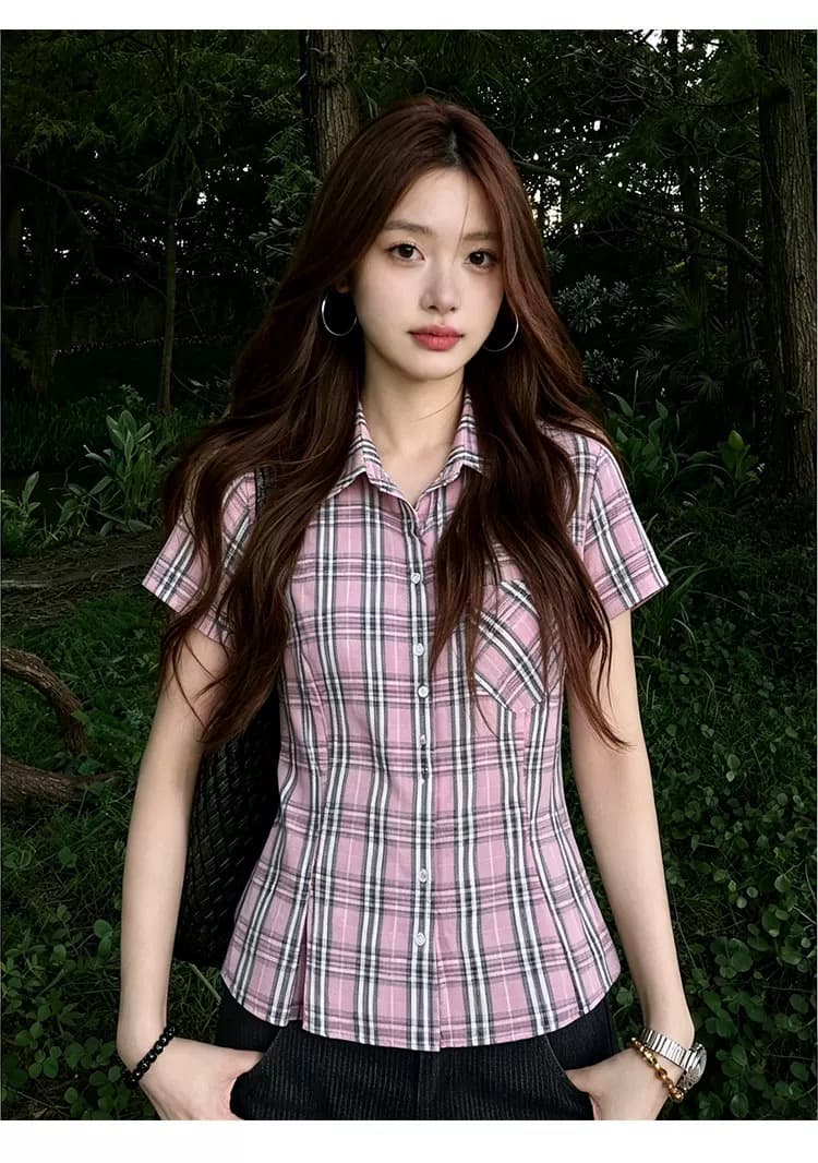 레트로 패치워크 배색 체크무늬 자외선 차단 셔츠 맨위 여성 이미지 2