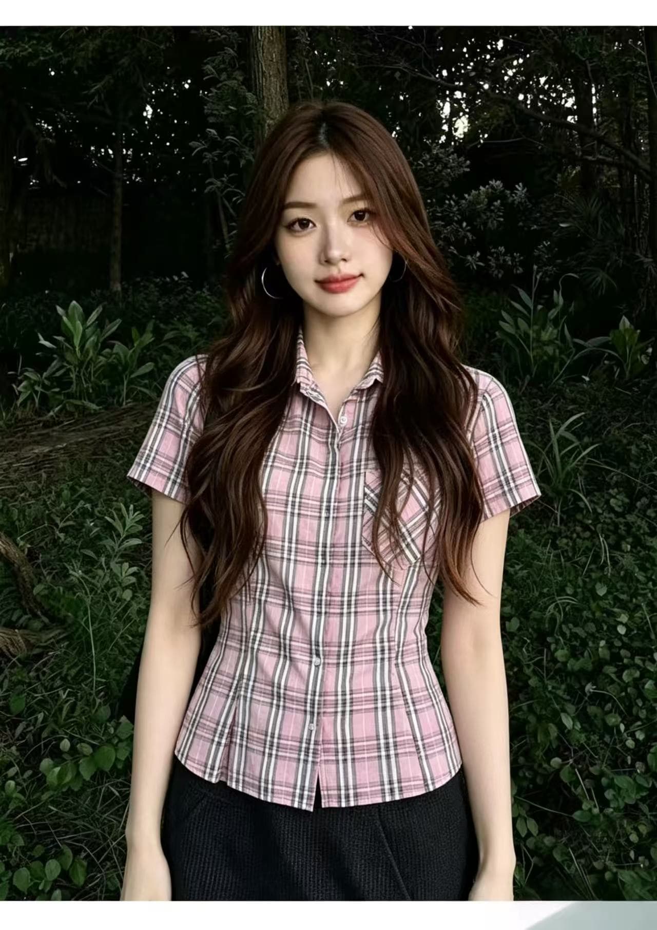 레트로 패치워크 배색 체크무늬 자외선 차단 셔츠 맨위 여성 이미지 3