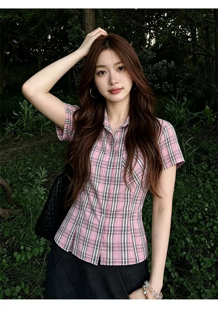 레트로 패치워크 배색 체크무늬 자외선 차단 셔츠 맨위 여성 이미지 4