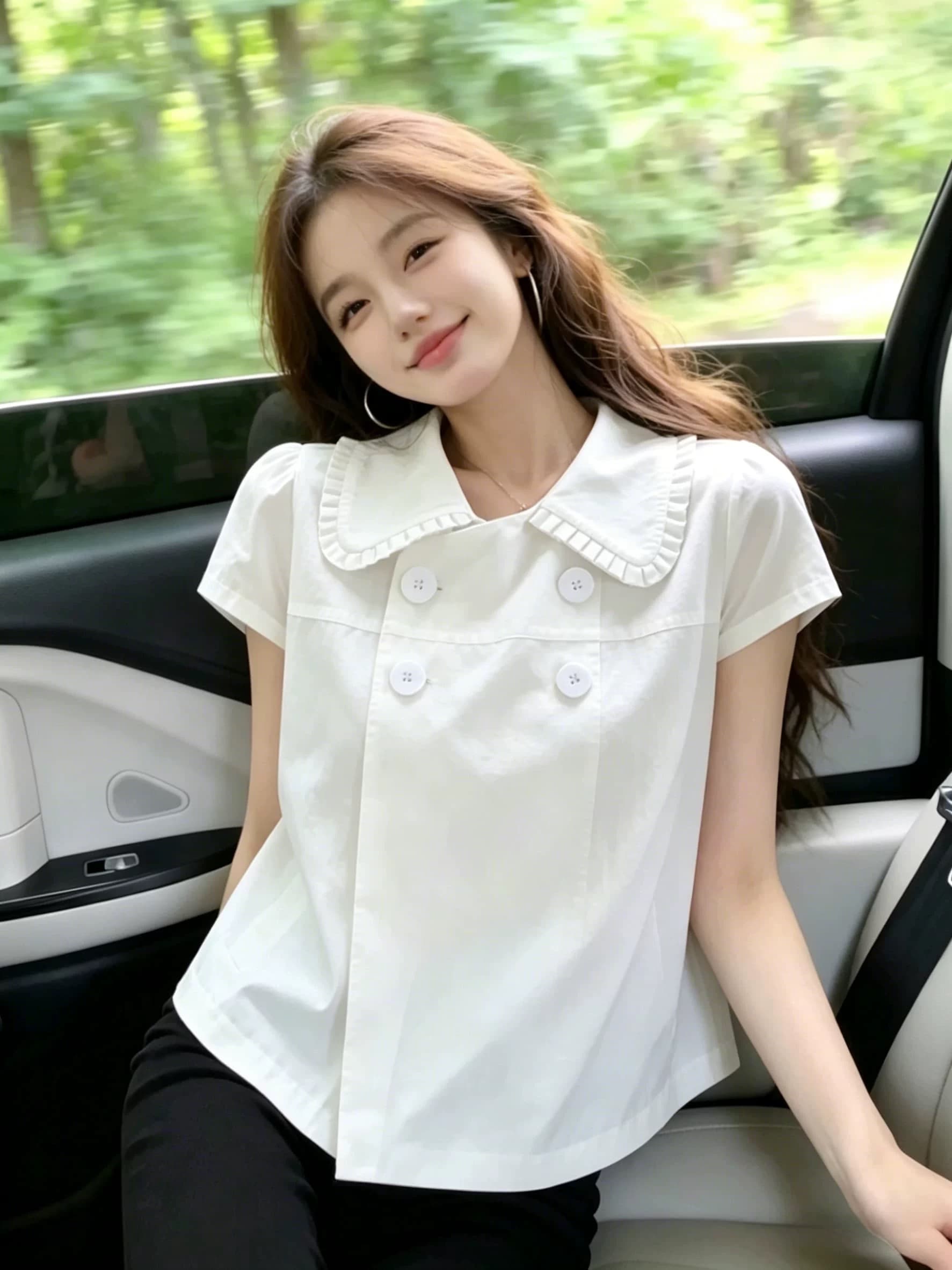 화이트 베이비 칼라 프릴 반팔 셔츠 맨위 여성 상세 이미지 7