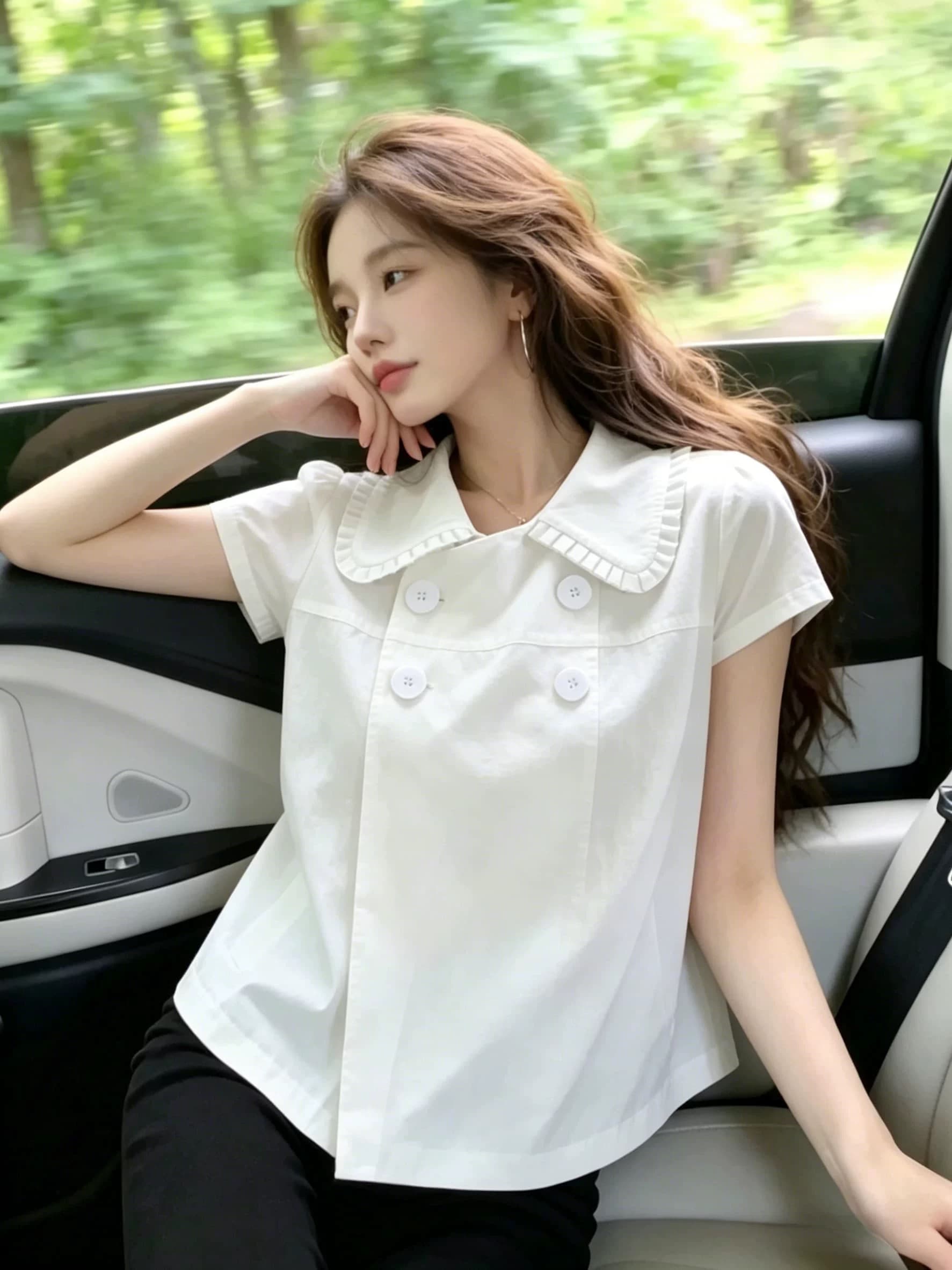 화이트 베이비 칼라 프릴 반팔 셔츠 맨위 여성 상세 이미지 8
