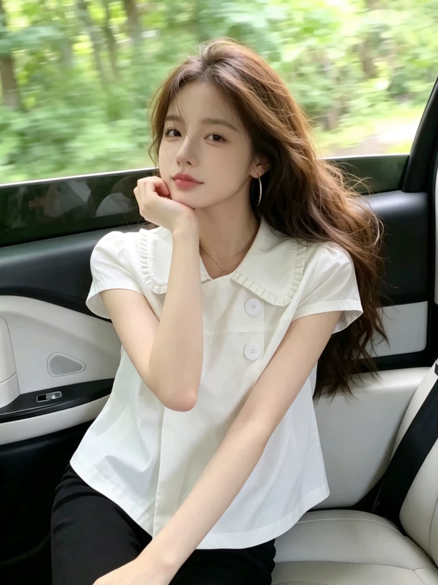 화이트 베이비 칼라 프릴 반팔 셔츠 맨위 여성 상세 이미지 9