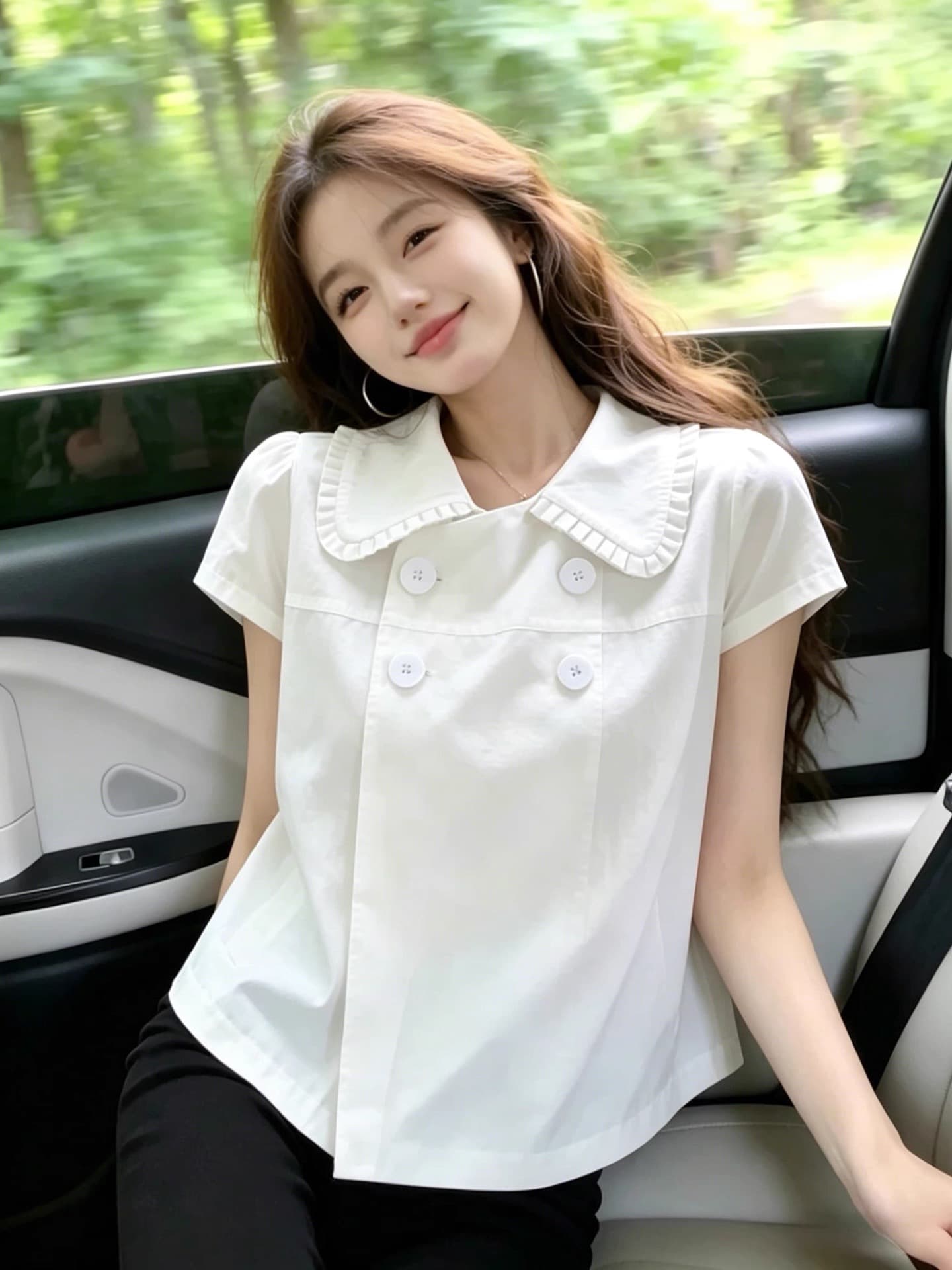 화이트 베이비 칼라 프릴 반팔 셔츠 맨위 여성 상세 이미지 11