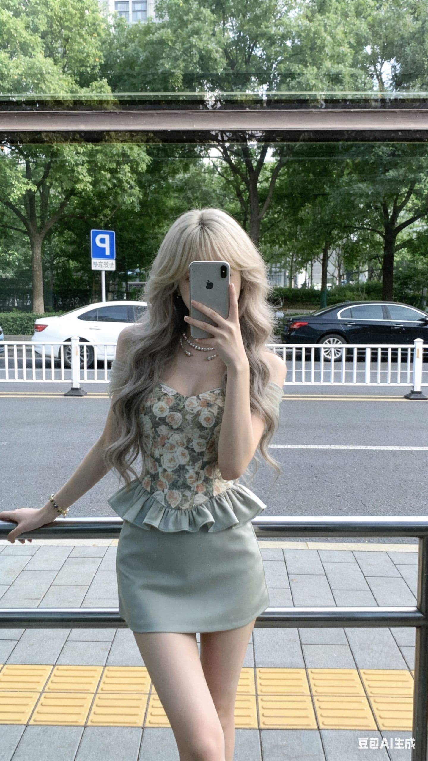 보트넥 꽃무늬 패치워크 허리 수축 맨위 여성 상세 이미지 3