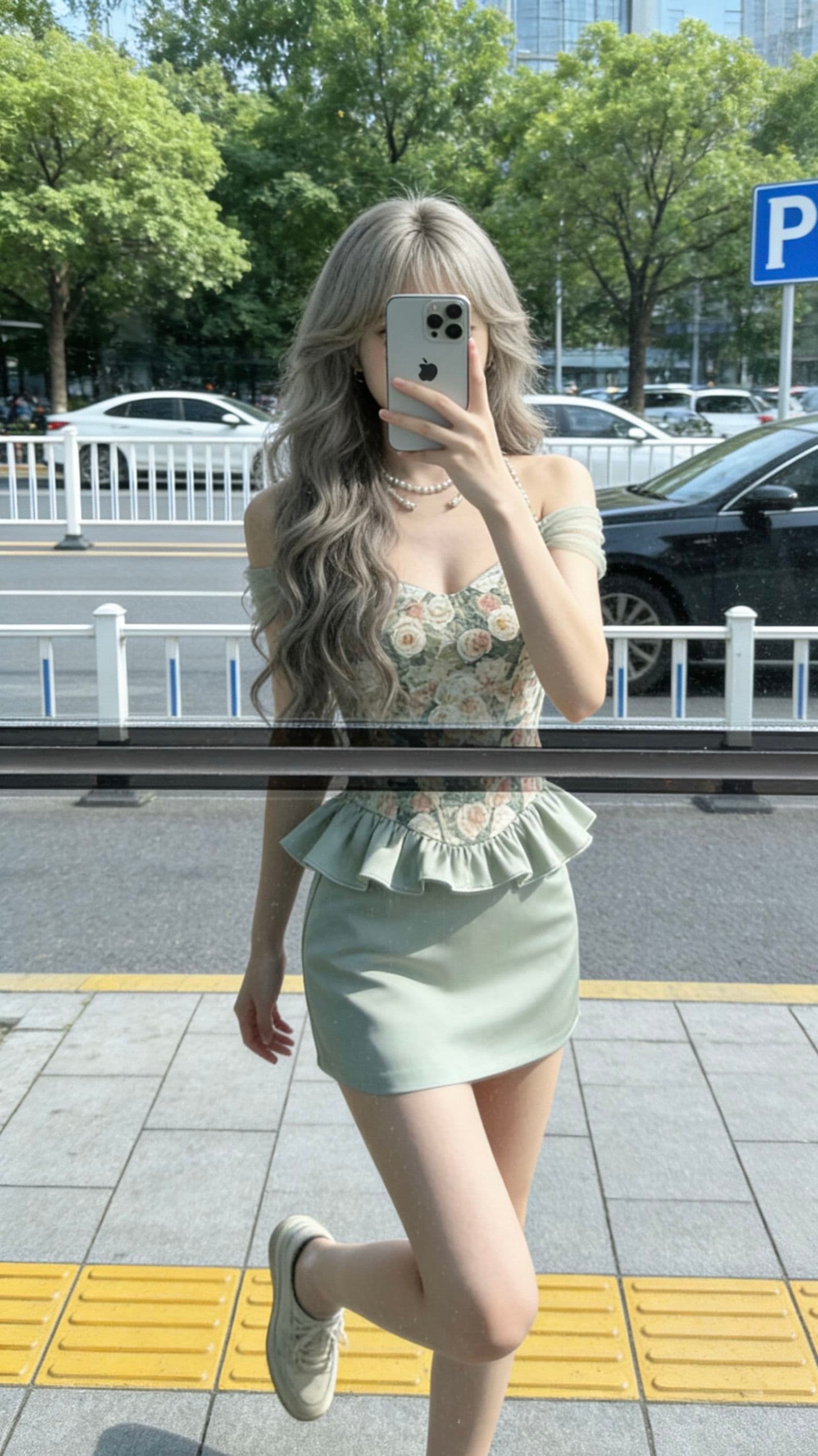 보트넥 꽃무늬 패치워크 허리 수축 맨위 여성 상세 이미지 4
