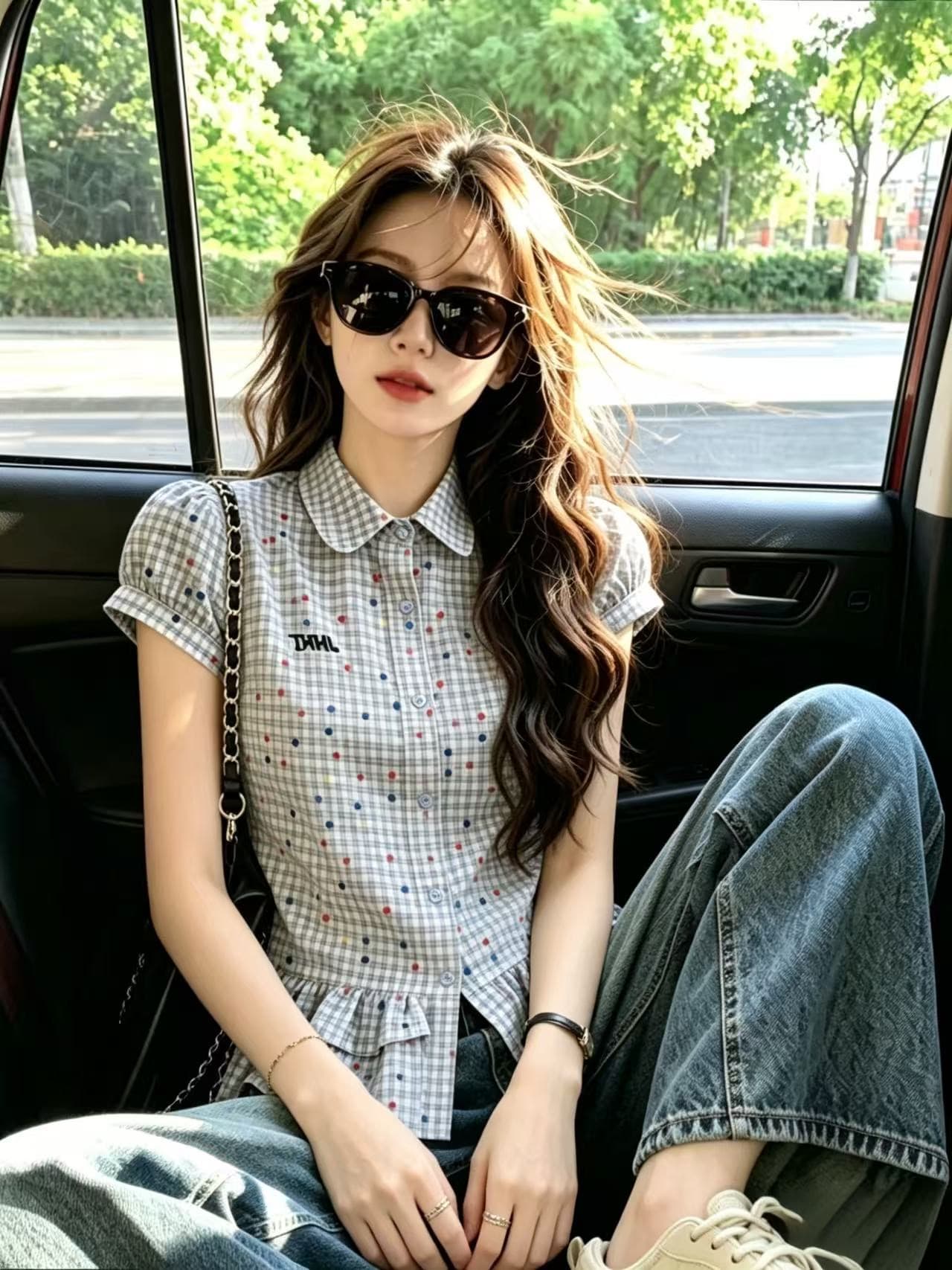 바람 도트 무늬 체크무늬 버블 셔츠 맨위 여성 이미지 3
